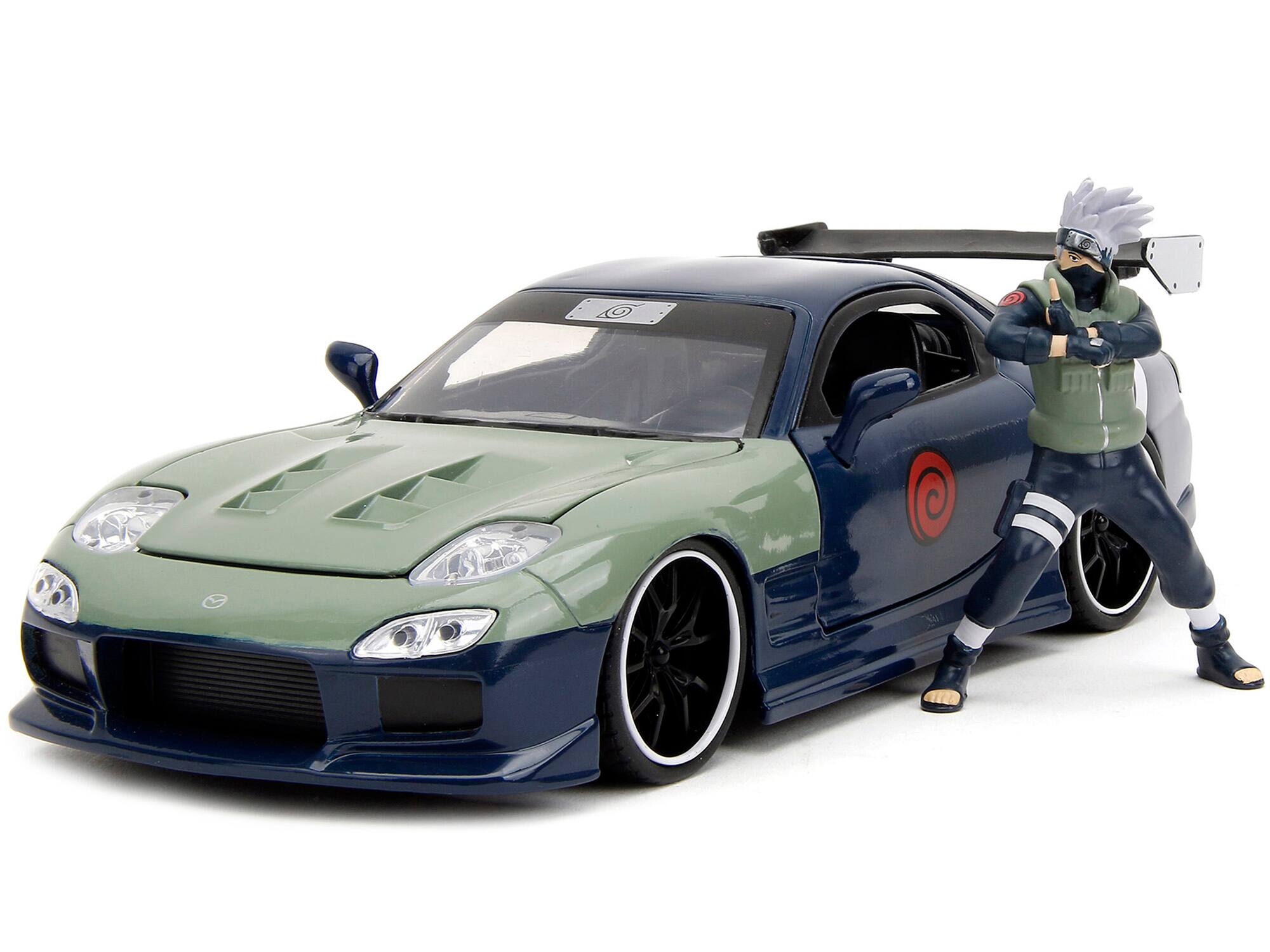 Alt View 5. Jada - 1993 Mazda RX-7 Dark Blue w/Green Hood and Figure "Naruto Shippuden" (2009-2017) TV 1/24 Model Car by Jada.