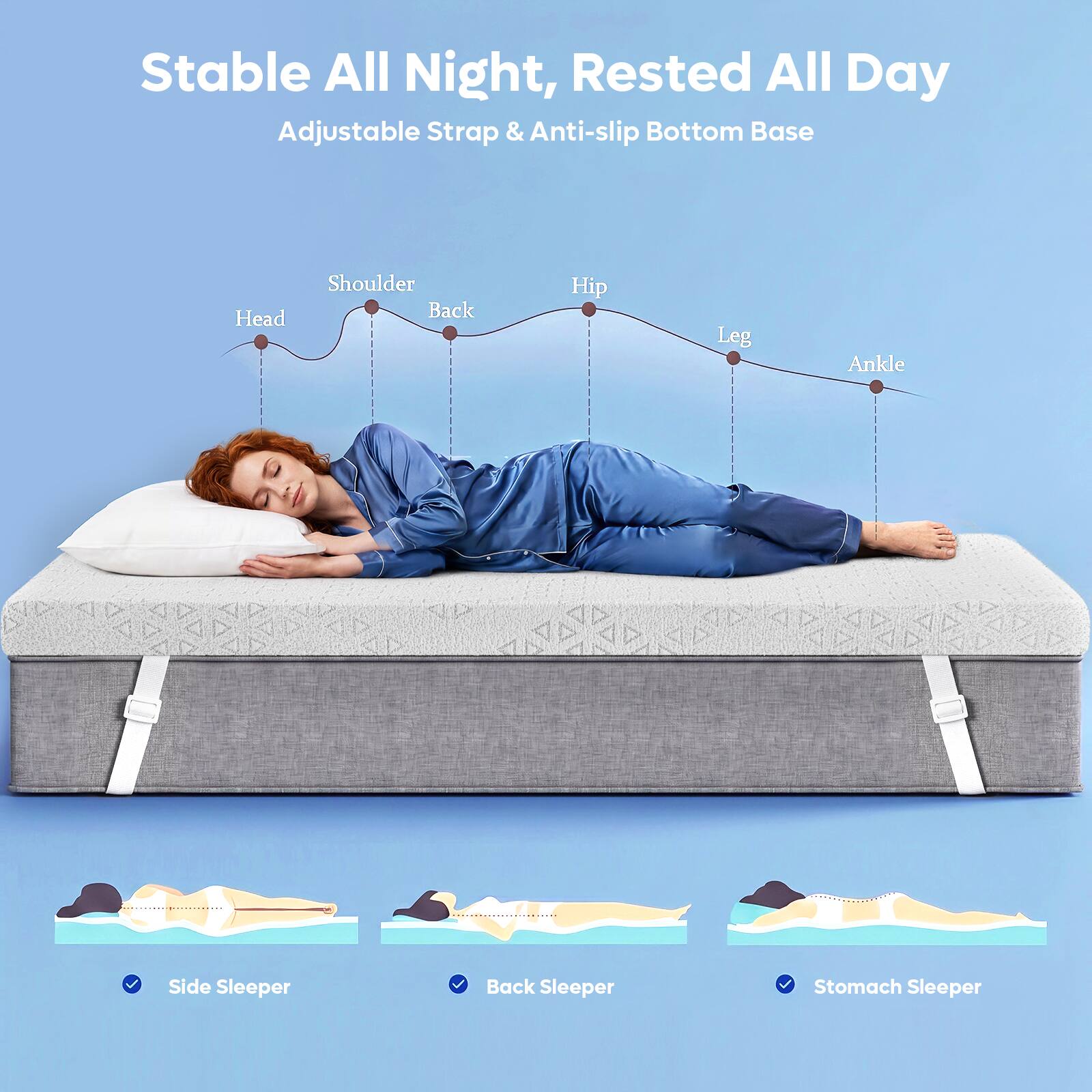 Stable All Night, Rested All Day  
Adjustable Strap & Anti-slip Bottom Base  

Head  
Shoulder  
Back  
Hip  
Leg  
Ankle  

Side Sleeper  
Back Sleeper  
Stomach Sleeper