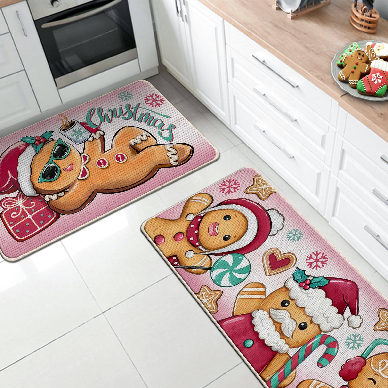 Alt View 5. Paradigms Interiors - Christmas Gingerbread Man Kitchen Rugs Set Of 2 Xmas Peppermint Candy Mats Decor Funny Winter Floor Door Ma... - Gingerbread House.