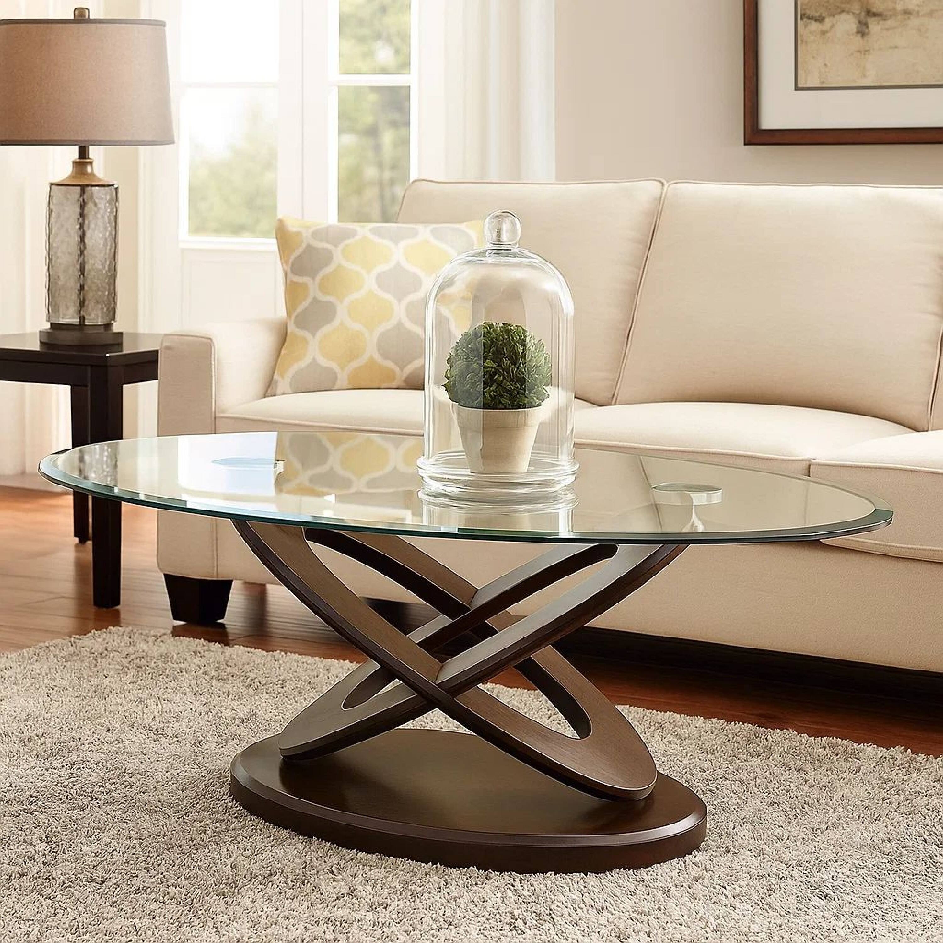 Alt View 7. Manhattan Lane - Oval Glass Top Coffee Table with Cross Oval Base - Brown and Clear.