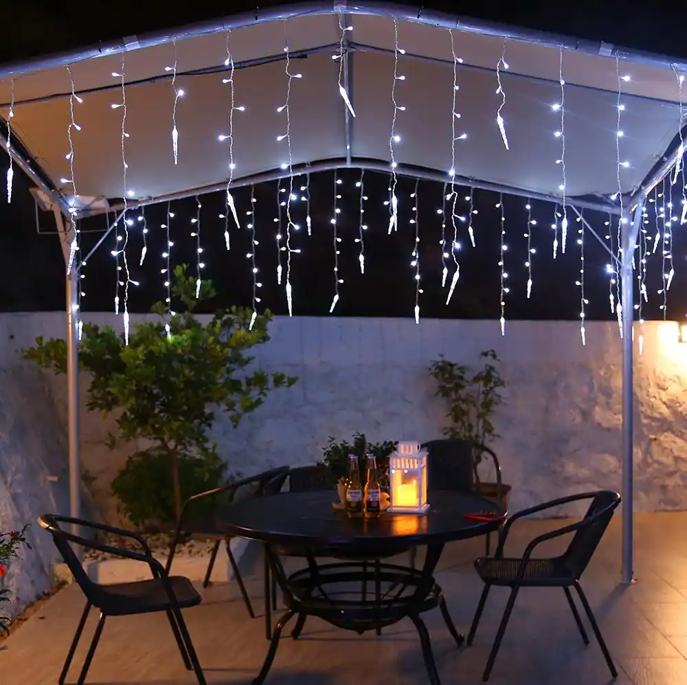 Back. Schertz - Christmas Icicle Lights 432 LED, 35.4ft, 8 Modes, 72 Drops, Pure White, Indoor & Outdoor Fairy Twinkle Lights - Pure White-with Icicle Pendant.