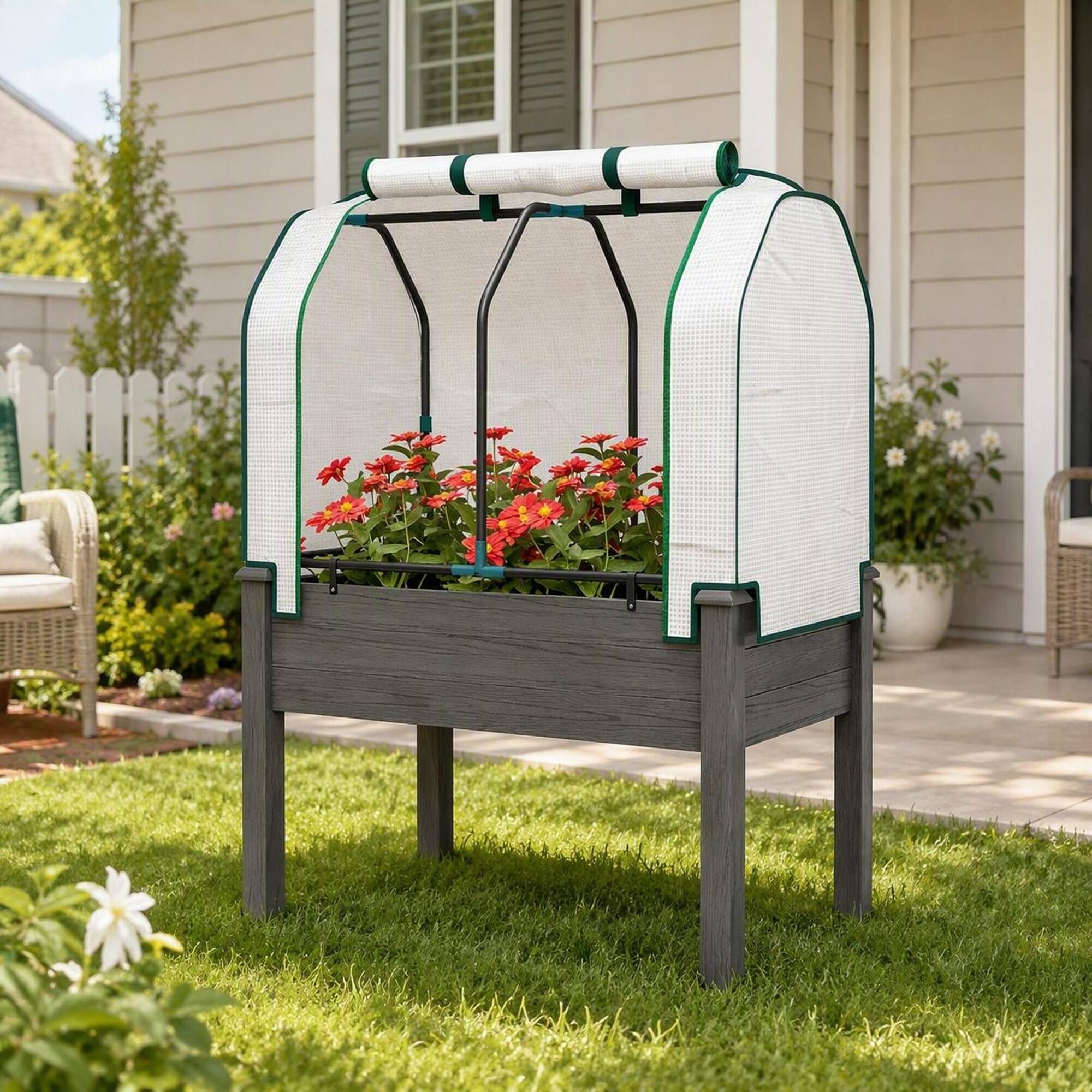 Alt View 1. RYHNUYNE - Raised Garden Bed Planter Box with Legs, Dark Gray Fir Wood and Steel Frame, PE Roll-Up Cover, Breathable Fabric - Dark Gray.