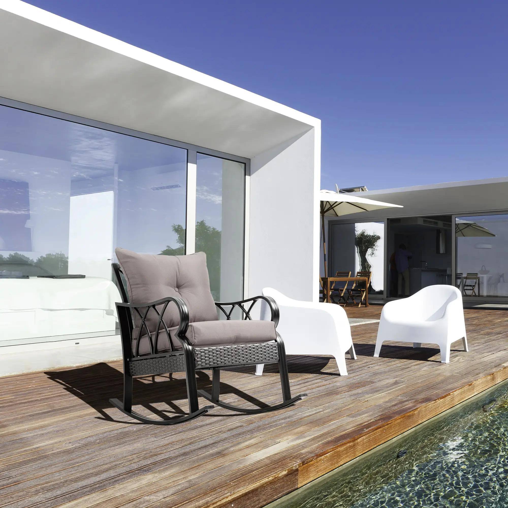 Alt View 7. Resenkos - Resenkos Outdoor Wicker Rocking Chair with Padded Cushions, Aluminum Rattan Porch Rocker with Armrest, Gray - Gray.