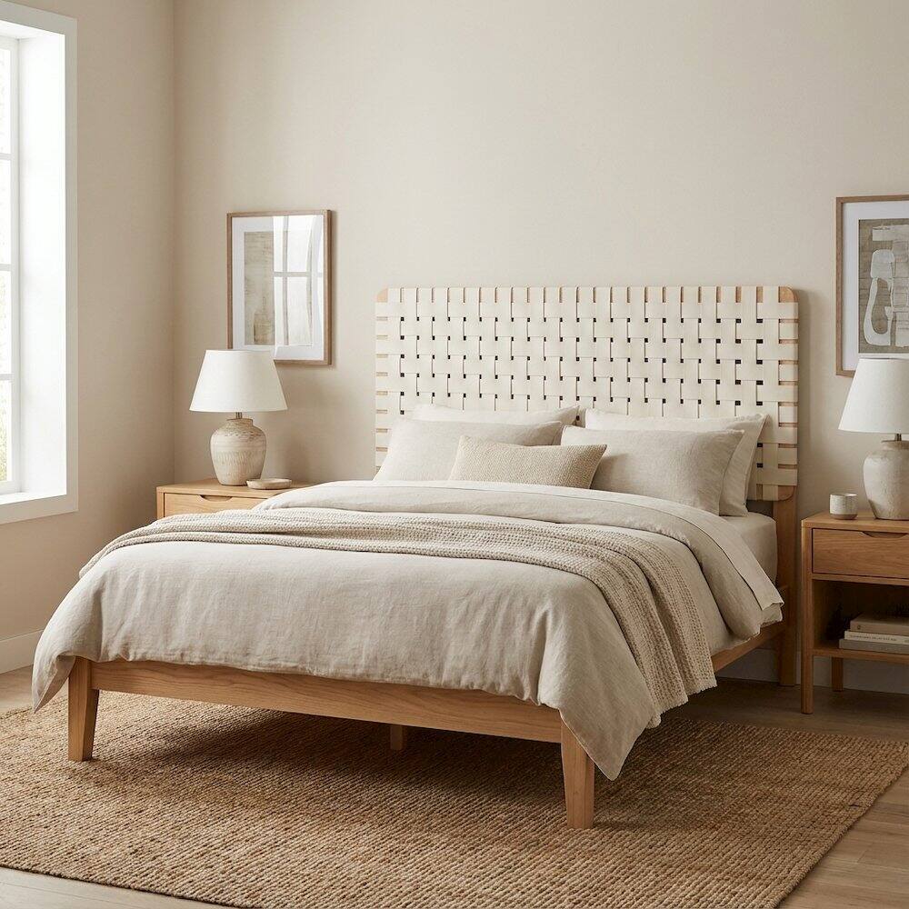 Left. FurniFact - Vegan Leather Queen Headboard with DurableTexture for Bedroom - Beige.