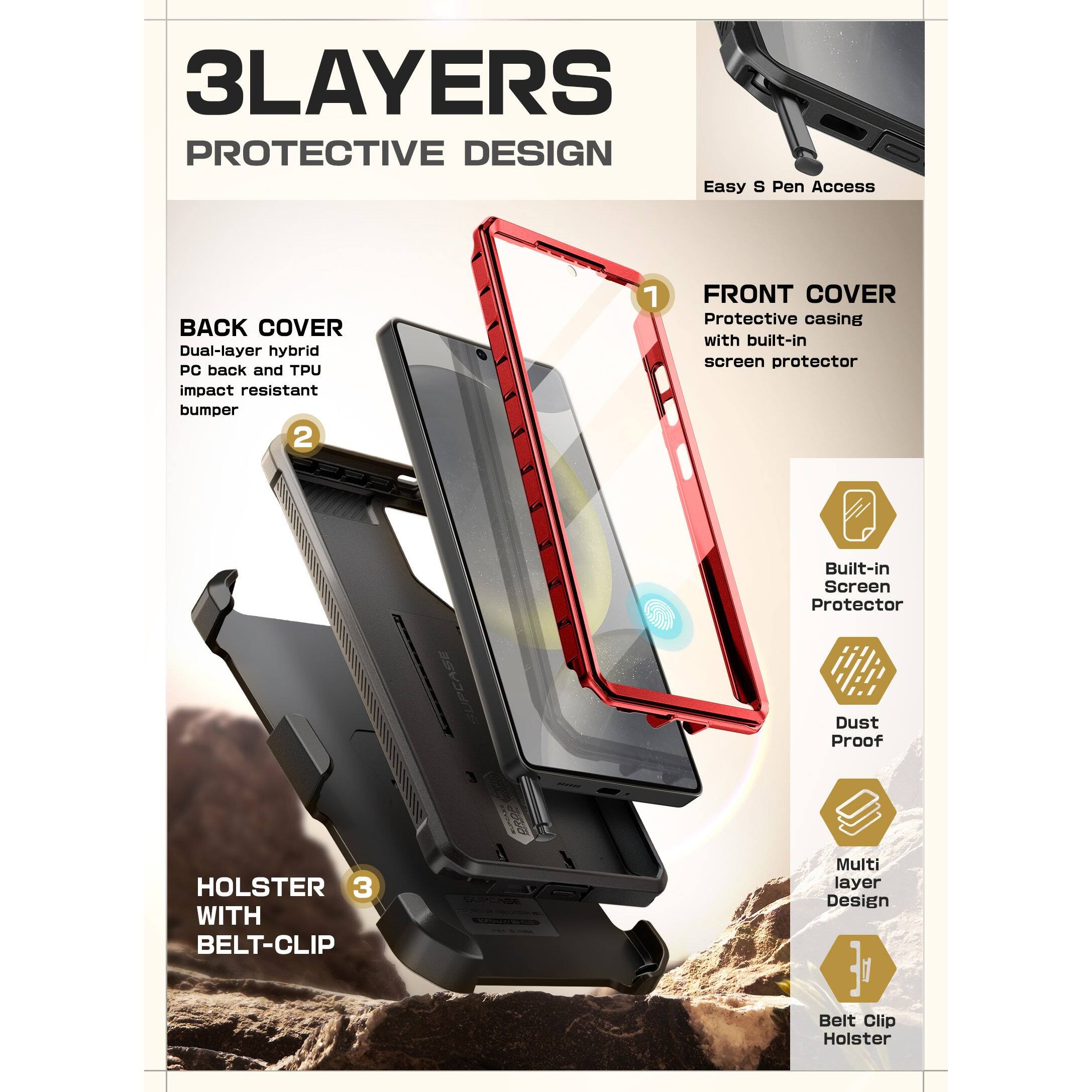 3LAYERS  
PROTECTIVE DESIGN  

BACK COVER  
Dual-layer hybrid PC back and TPU impact resistant bumper  

FRONT COVER  
Protective casing with built-in screen protector  

HOLSTER WITH BELT-CLIP  

Easy S Pen Access  

Built-in Screen Protector  
Dust Proof  
Multi layer Design  
Belt Clip Holster