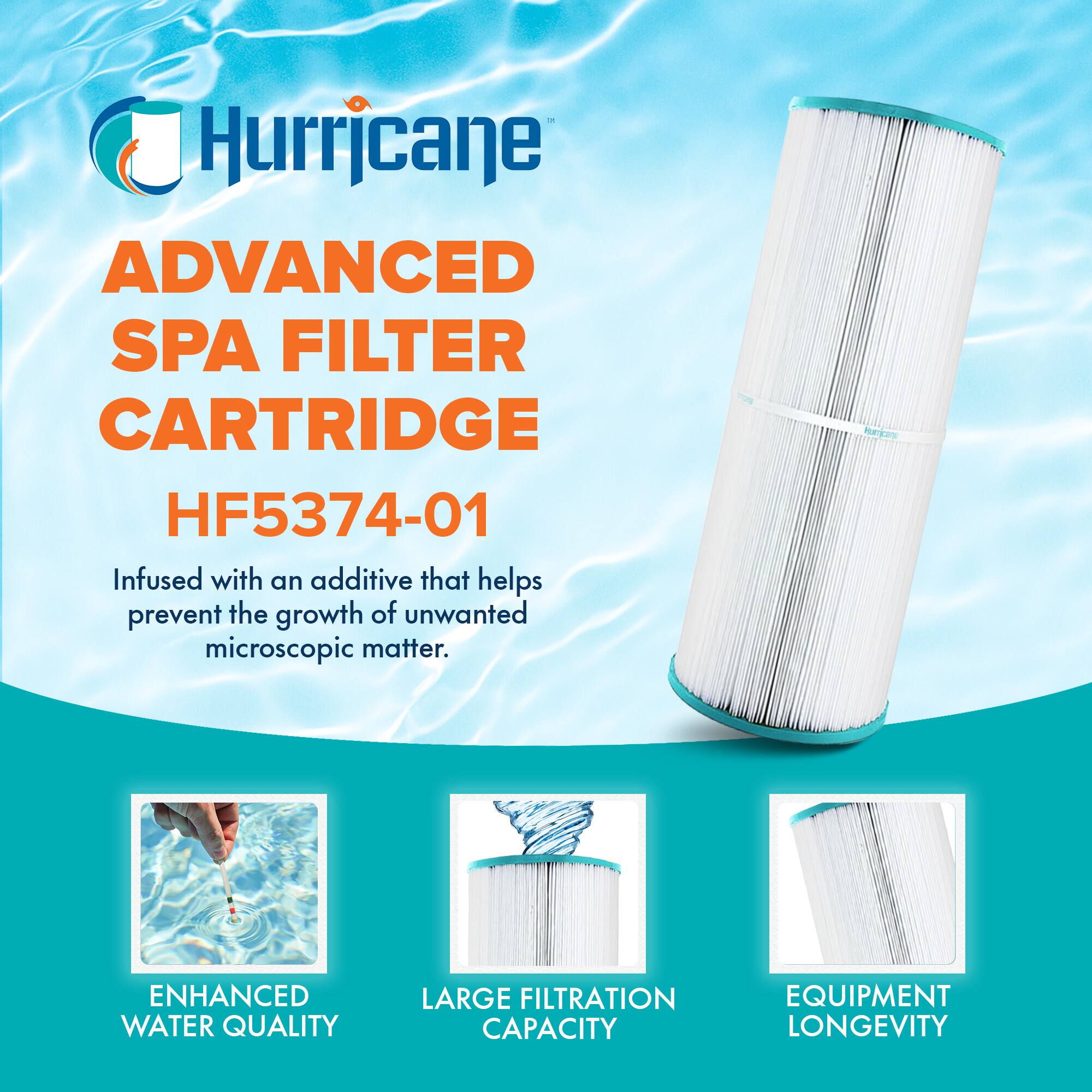 Hurricane  
ADVANCED SPA FILTER CARTRIDGE  
HF5374-01  

Infused with an additive that helps prevent the growth of unwanted microscopic matter.  

ENHANCED WATER QUALITY  
LARGE FILTRATION CAPACITY  
EQUIPMENT LONGEVITY