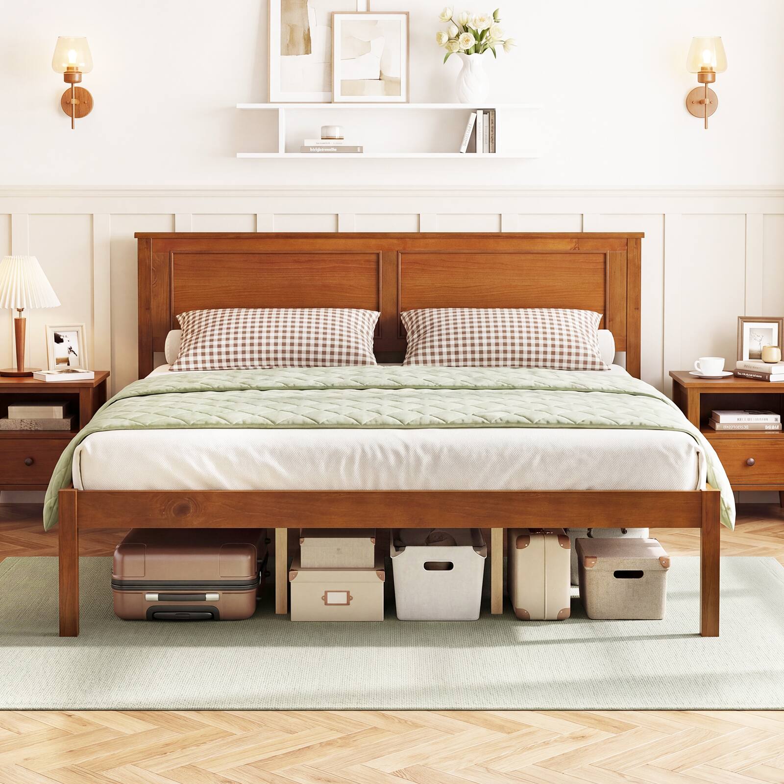 Alt View 3. Gymax - Gymax Queen Size Bed Frame Farmhouse Wooden Platform Bed w/Headboard Under-Bed Storage - Brown.
