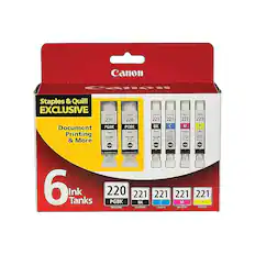 Canon
Canon
Staples & Quill EXCLUSIVE Canon 220 Document PGGBK Black Printing PG-1208K EN & More PUSH
Canon 220 PGGBK Black PGA-ZHOOK FUSH
Canon 221 BK Black PUSH
Canon 221 Cyan CHANK PUSH
Canon 221 M Magena CU-221M u Tel PUSH
Canon 221 Y Yellow CU-12111 PUGH
6 Ink Tanks
220 221 221 221 221 PGGBK BK C M Y PGI-2208X CLI-2218K CU-221C CU-221M CU-221Y