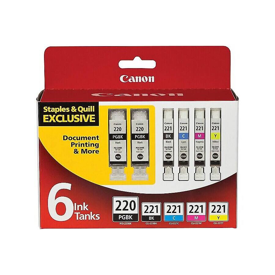 Canon  
Canon  
Staples & Quill EXCLUSIVE Canon 220 Document PGGBK Black Printing PG-1208K EN & More PUSH  
Canon 220 PGGBK Black PGA-ZHOOK FUSH  
Canon 221 BK Black  PUSH  
Canon 221  Cyan CHANK PUSH  
Canon 221 M Magena CU-221M u Tel PUSH  
Canon 221 Y Yellow CU-12111 PUGH  
6 Ink Tanks  
220 221 221 221 221 PGGBK BK C M Y PGI-2208X CLI-2218K CU-221C CU-221M CU-221Y