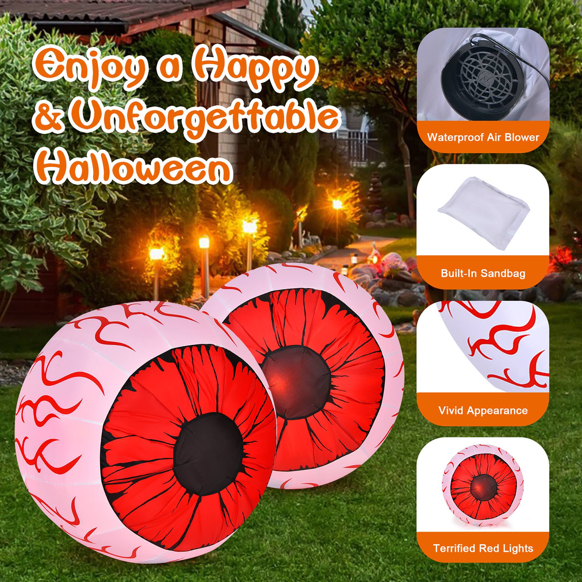 Enjoy a Happy & Unforgettable Halloween with Waterproof Air Blower, Built-In Sandbag, Vivid Appearance, and Terrified Red Lights.