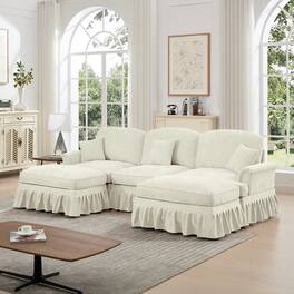 Anysun - Classic U-Shape Chenille Sectional Sofa with Ottomans - Flared Arms, Ruffled Skirt & Spindle Legs, Deep Cloud Seat - Beige