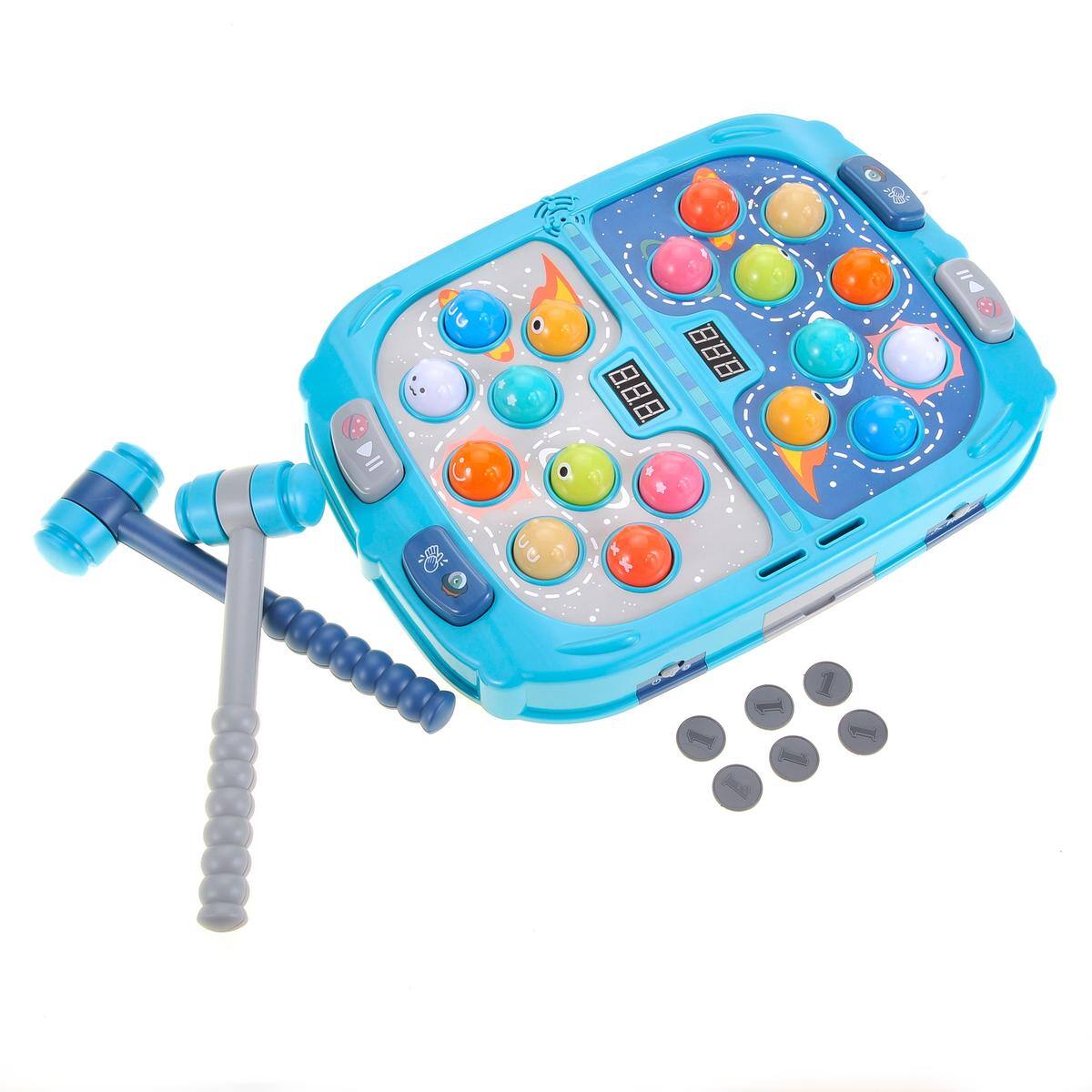 Front. JuzToys - 2 Players Whack A Mole Game – 3 Modes Hammering Pounding Toy with Light & Sound Effects, Educational Toy for Kids – Blue - Blue.