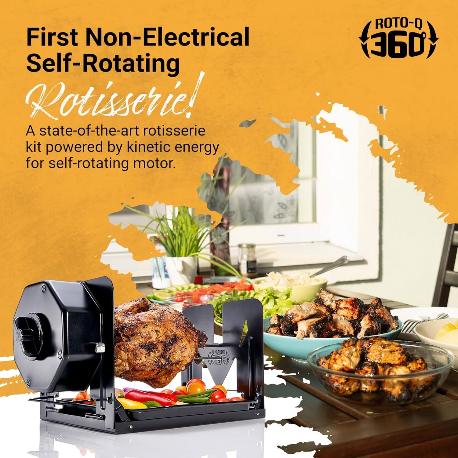 First Non-Electrical Self-Rotating Rotisserie!

A state-of-the-art rotisserie kit powered by kinetic energy for self-rotating motor.

ROTO-Q 360°