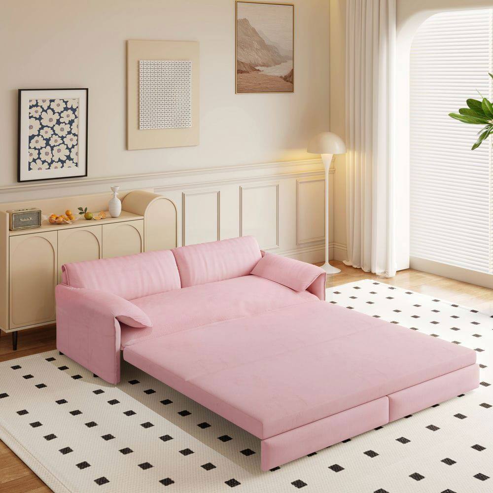Kadyn - 66" Queen Pull Out Sofa Bed, 3-in-1 Convertible Sleeper with Side Storage, Velvet Loveseat - Pink