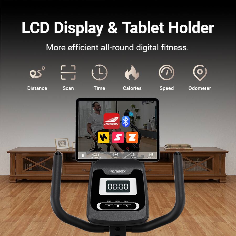 LCD Display & Tablet Holder  
More efficient all-round digital fitness.  

Distance Scan Time Calories Speed Odometer  

40.35 TDRATON 1.09 - 168 LALE 108  

HARCSON 00:00 1 n M