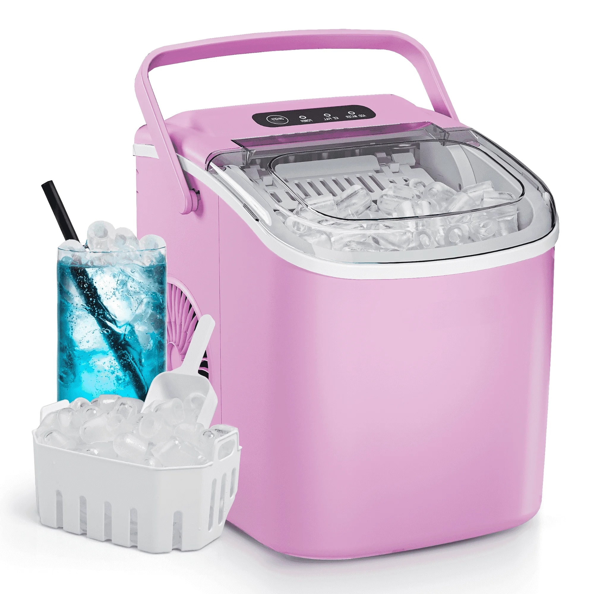 Front. SIMZLIFE - Countertop Ice Maker with Handle - Portable, Basket & Scoop, 9 Bullet Ice in 6 Mins, 26Lbs/24H, Self-Cleaning - Pink.