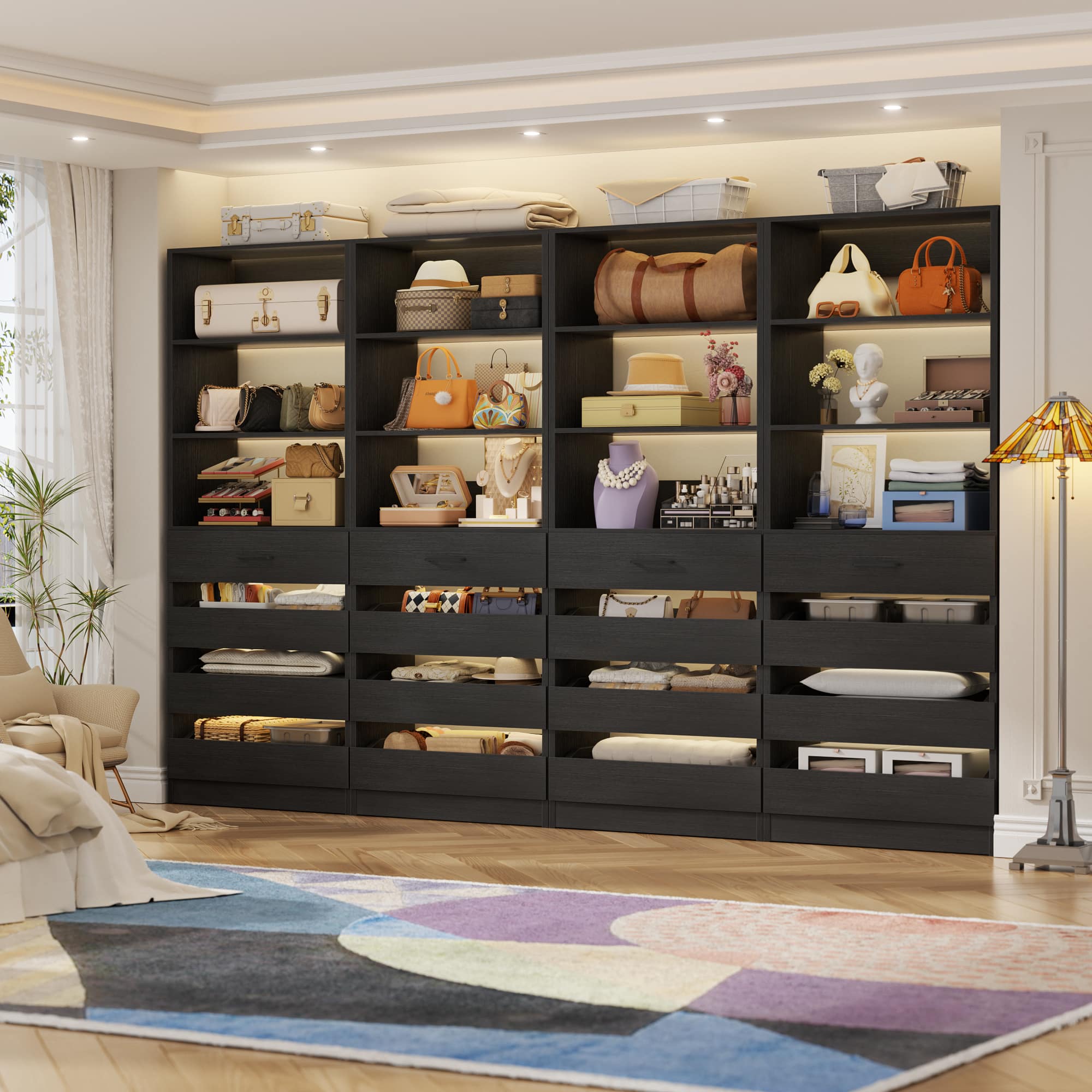 Aheaplus - 4 Pack Wood Storage Organizer: 4 Drawers & 3 Shelves, Wall-Mountable for Kitchen,Living Room,Bedroom - Black
