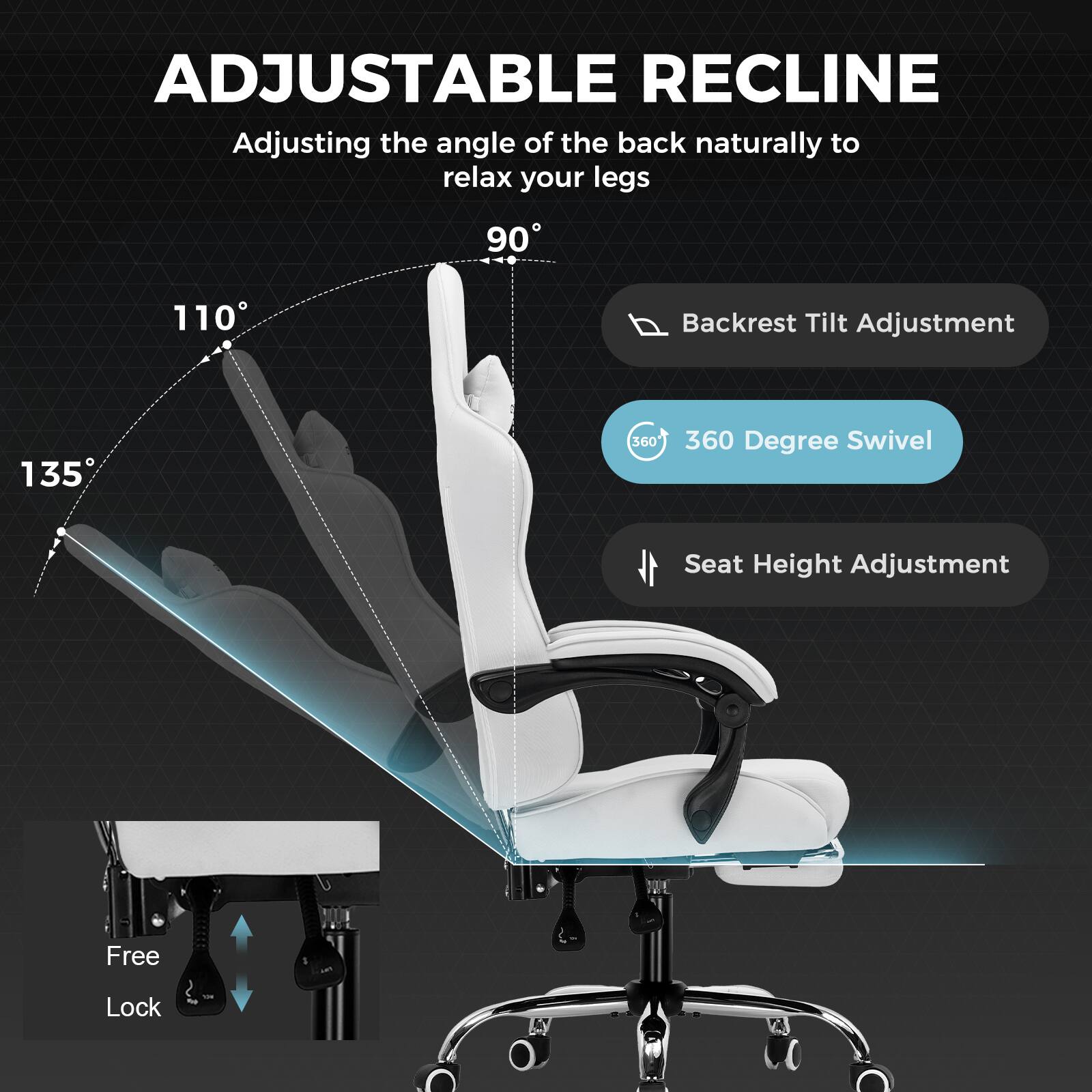 ADJUSTABLE RECLINE

Adjusting the angle of the back naturally to relax your legs

- 90°
- 110°
- 135°

Backrest Tilt Adjustment

360 Degree Swivel

Seat Height Adjustment

Free Lock
