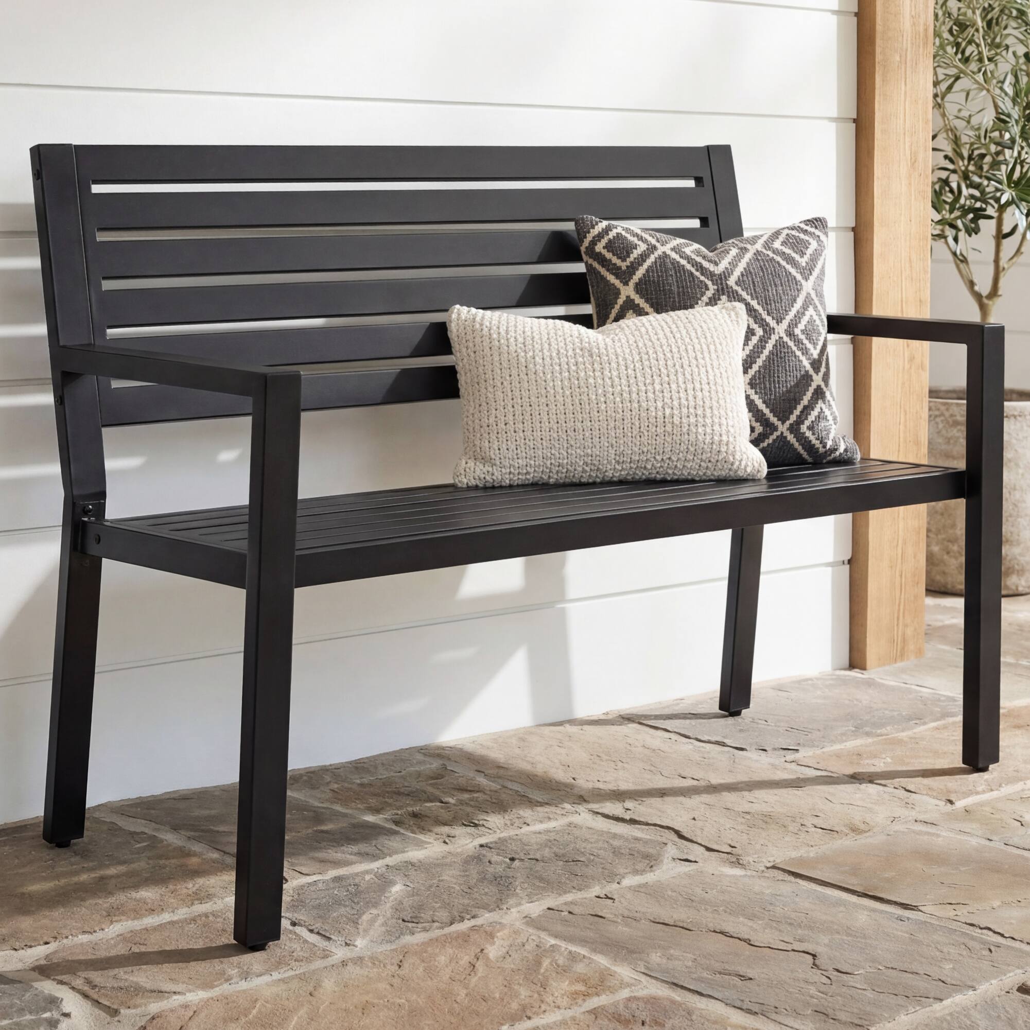 Front. Best Choice Products - Best Choice Products Outdoor Metal Bench Patio Garden Bench, 790lb Capacity, Steel Slatted Seat with Armrests - Black.