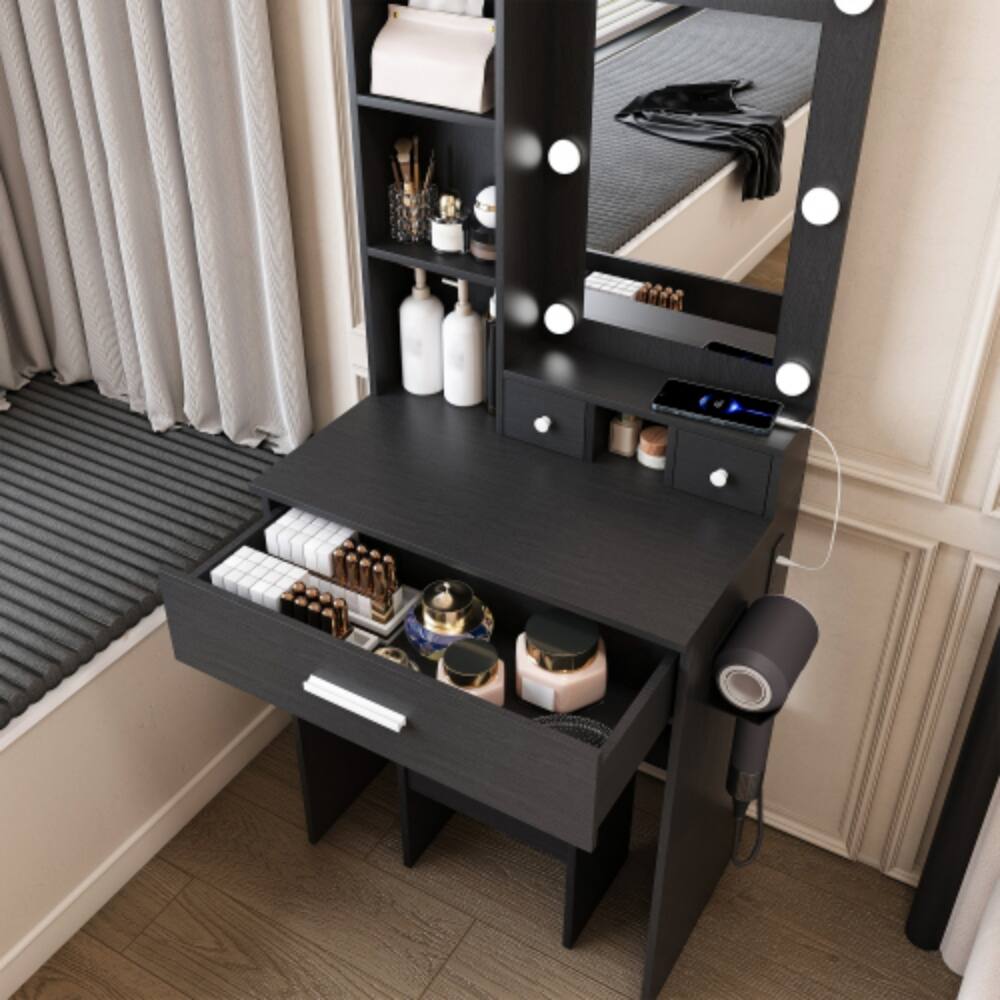 Alt View 1. LUCKY ONE - Compact Vanity Table with LED Mirror, Power Outlet, Hairdryer Holder, Drawers and Stool for Small Bedroom - Black.