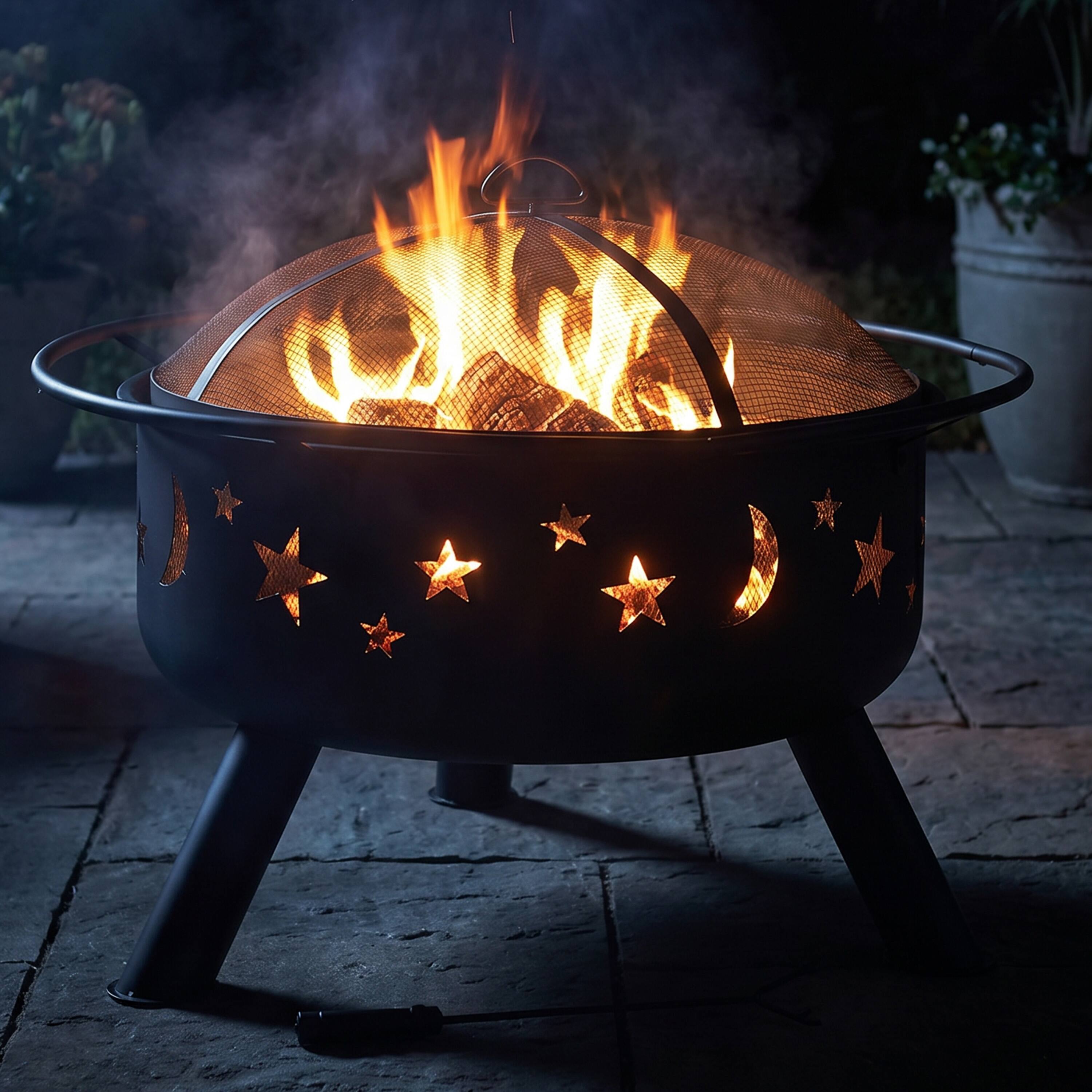 Alt View 2. Sunnydaze - 30 in Cosmic Steel Fire Pit w/Spark Screen/Poker - Black.