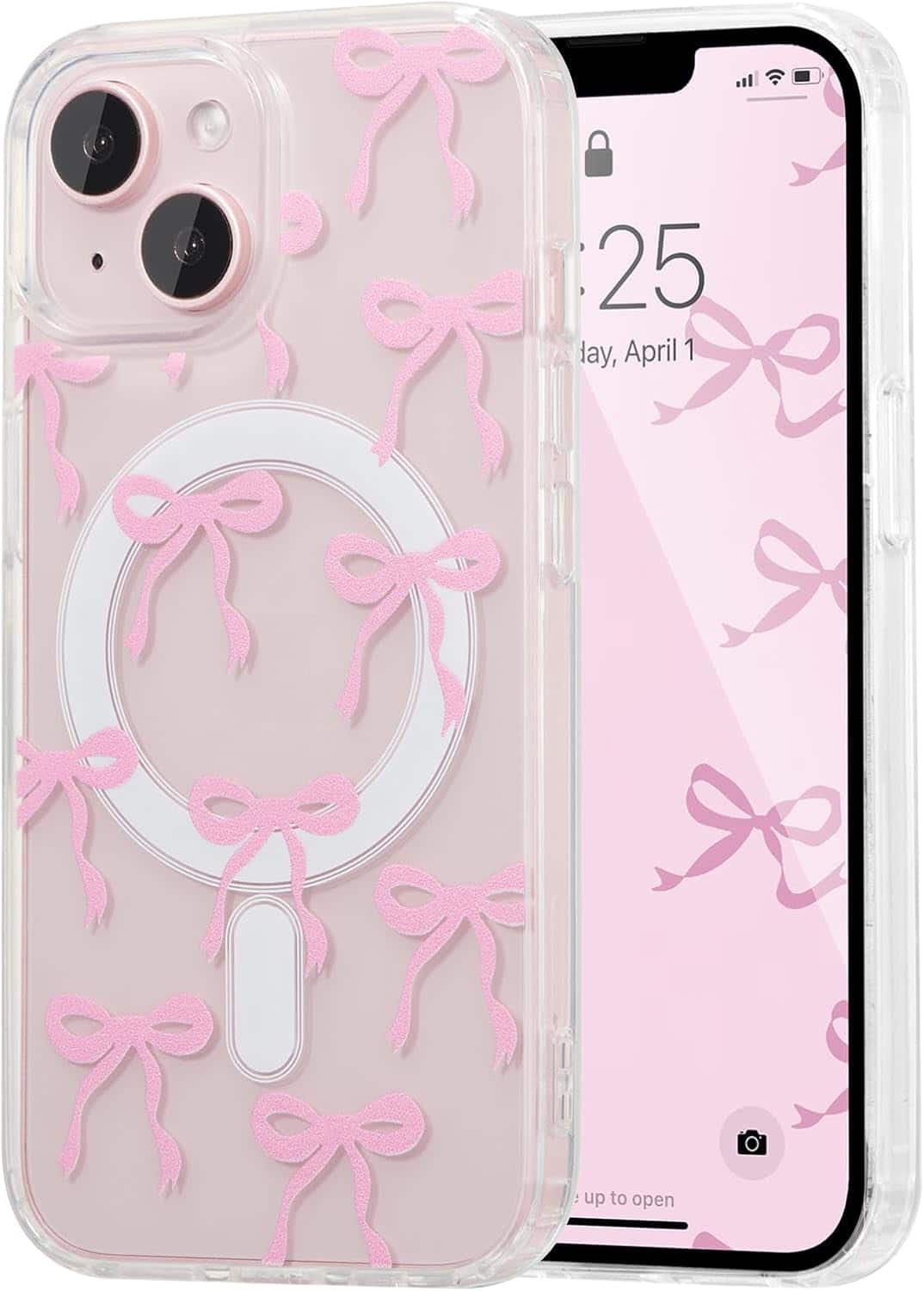 ACJPR - Magnetic iPhone 14/13 Case, Clear Ribbon Design, Shockproof (Pink) - Color: Pink Size: iPhone 13/14