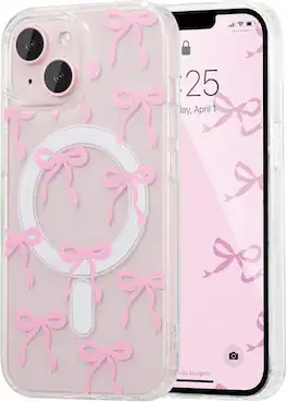 ACJPR - Magnetic iPhone 14/13 Case, Clear Ribbon Design, Shockproof (Pink) - Color: Pink Size: iPhone 13/14