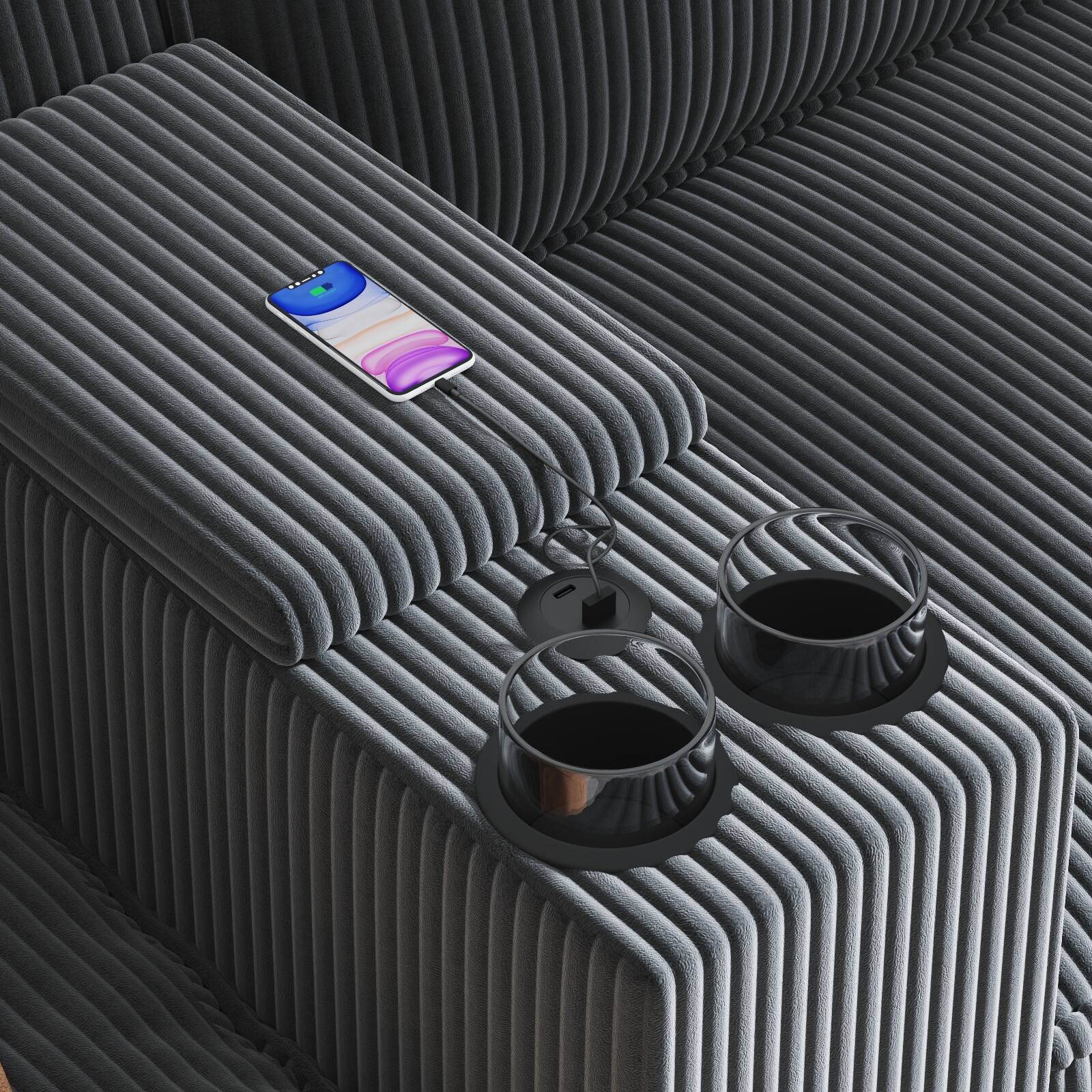 Alt View 2. Anysun - L-Shape 4-Seat Corduroy Sofa with Storage Armrests, Center Console & USB Charging. - Gray.