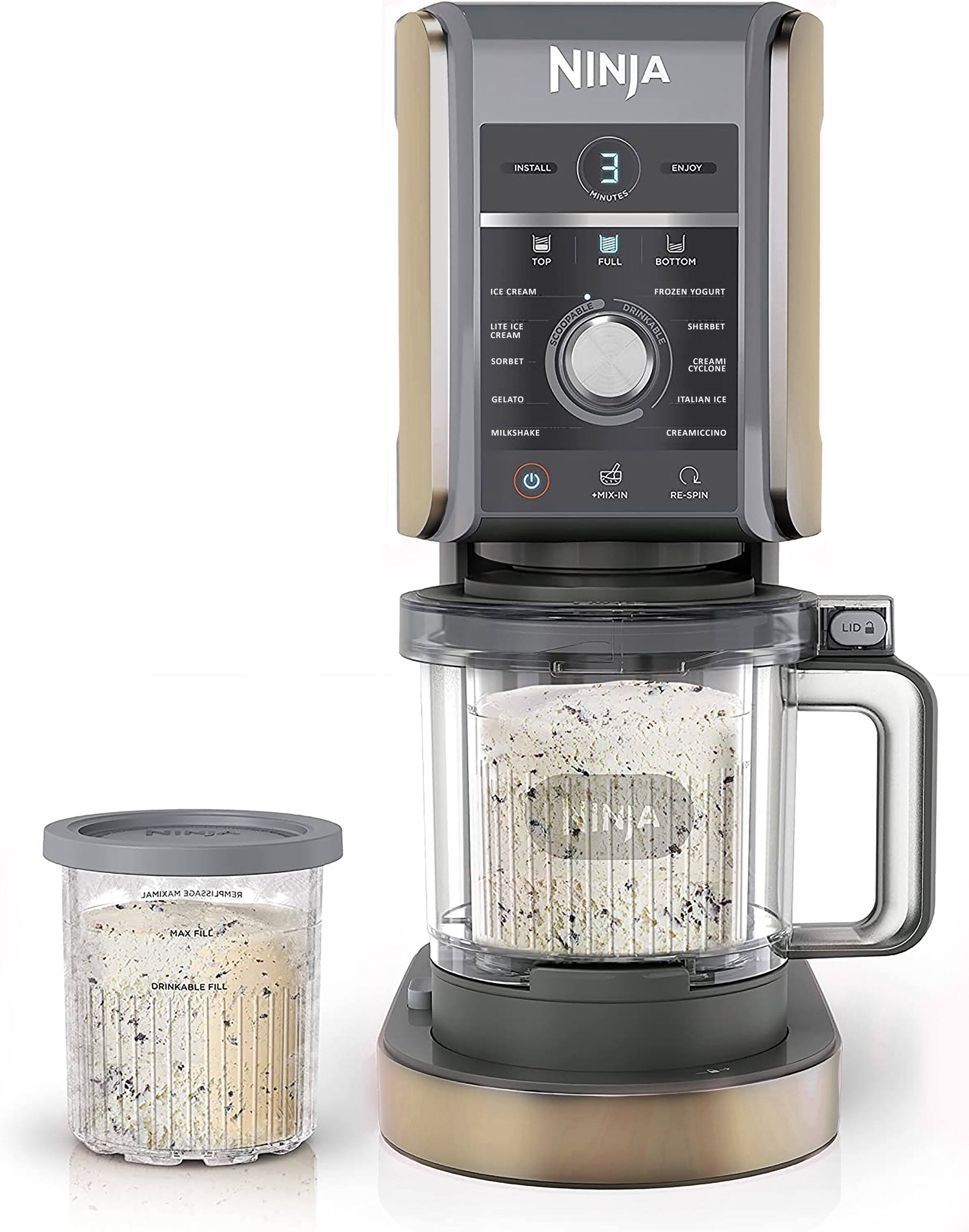 NINJA INSTALL 3 MINUTES ENJOY  
TOP FULL BOTTOM  
ICE CREAM FROZEN YOGURT LITE CREAM SORBET CREAM CYCLONE ITALIAN ICE MILKSHAKE CREAMICINO +MIX-IN RE-SPIN LID  
MAX FILL DRINKABLE FILL