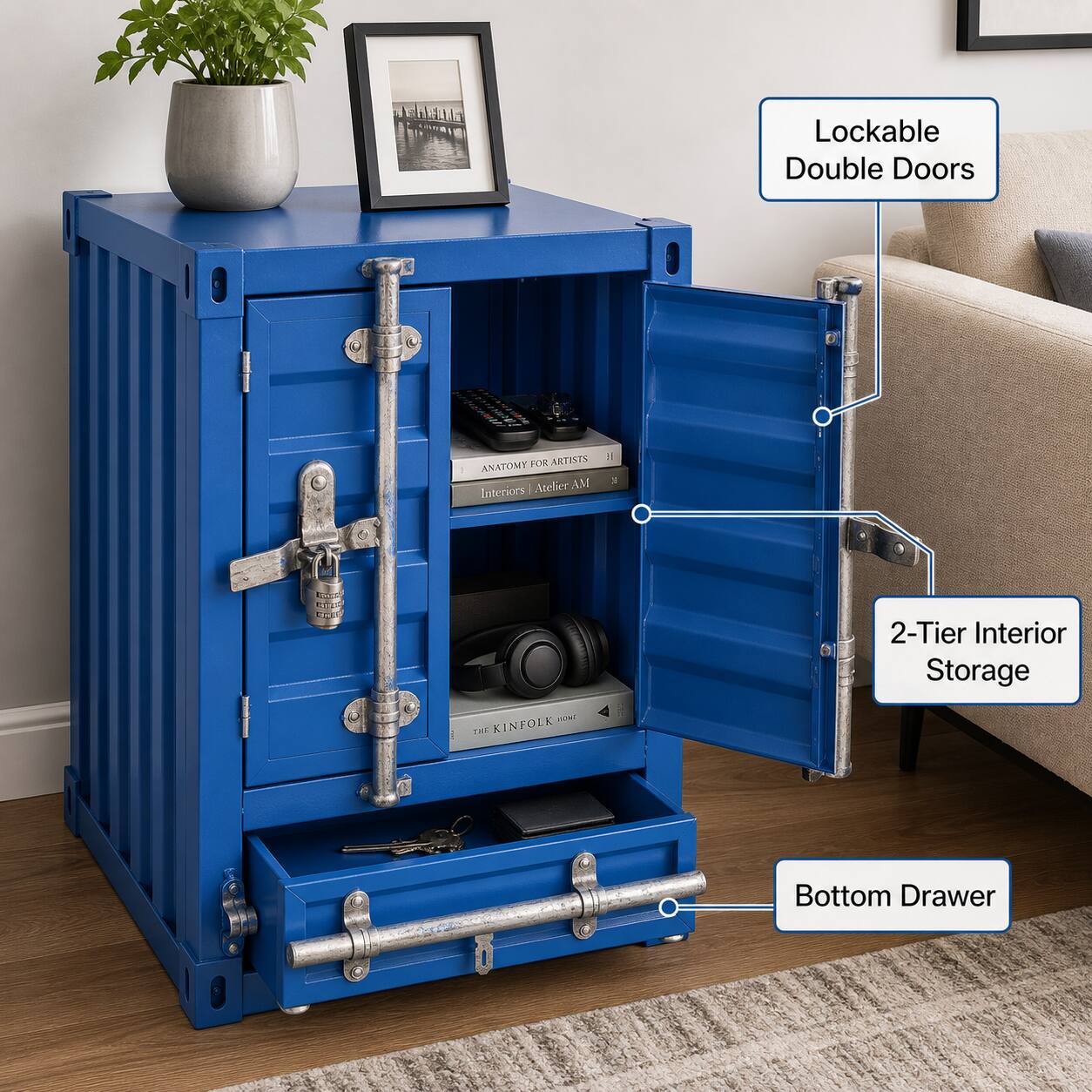 VIVZONE Vintage Shipping Container Metal End Table with Combination ...
