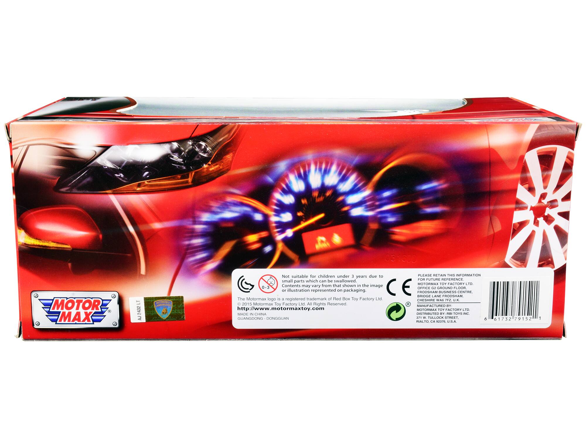 031390 MOTOR MAX 2432  
- Not suitable for children under 3 years due to small parts which can be swallowed. Contents may vary from that shown in the image. 0-3 illustration represented on packaging.  
The Motormax logo is a registered trademark of Red Box Toy Factory Ltd - 2015 Motormax Toy Factory Ltd. All Rights Reserved.  
www.motormaxtoy.com  
MADE IN CHINA  
GUANGDONG - DONGGUAN  

PLEASE RETAIN THIS INFORMATION FOR FUTURE REFERENCE.  
MOTORMAX TOY FACTORY LTD.  
FRODSHAM BUSINESS CENTRE,  
LANE ROAD,  
FRODSHAM,  
CHESHIRE WA6 7TZ, UK.  
MANUFACTURED BY: MOTORMAX TOY FACTORY LTD.  
DISTRIBUTED BY: RB TOYS INC.  
371 W. TULLOCK LINEET,  
MALTO, CA 91732  
USA