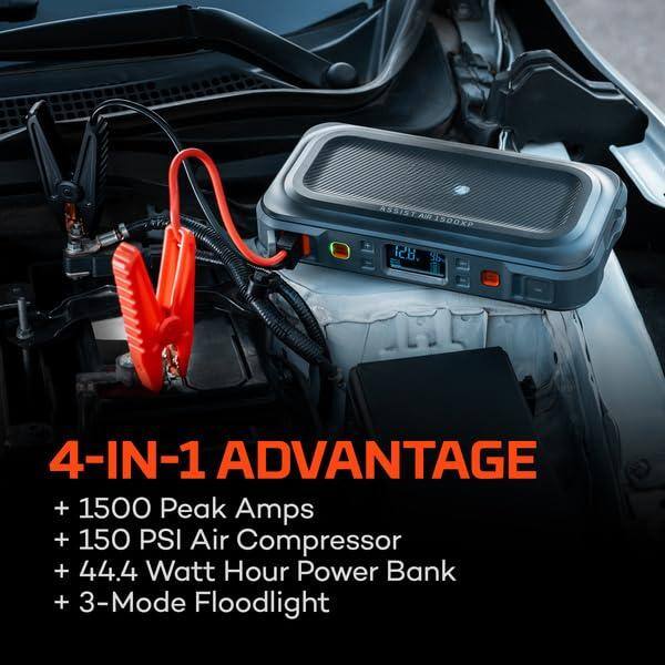 ASSIST AIR 1500XP 128 35 4-IN-1 ADVANTAGE  
+ 1500 Peak Amps  
+ 150 PSI Air Compressor  
+ 44.4 Watt Hour Power Bank  
+ 3-Mode Floodlight  

4-IN-1 ADVANTAGE  
+ 1500 Peak Amps  
+ 150 PSI Air Compressor  
+ 44.4 Watt Hour Power Bank  
+ 3-Mode Floodlight