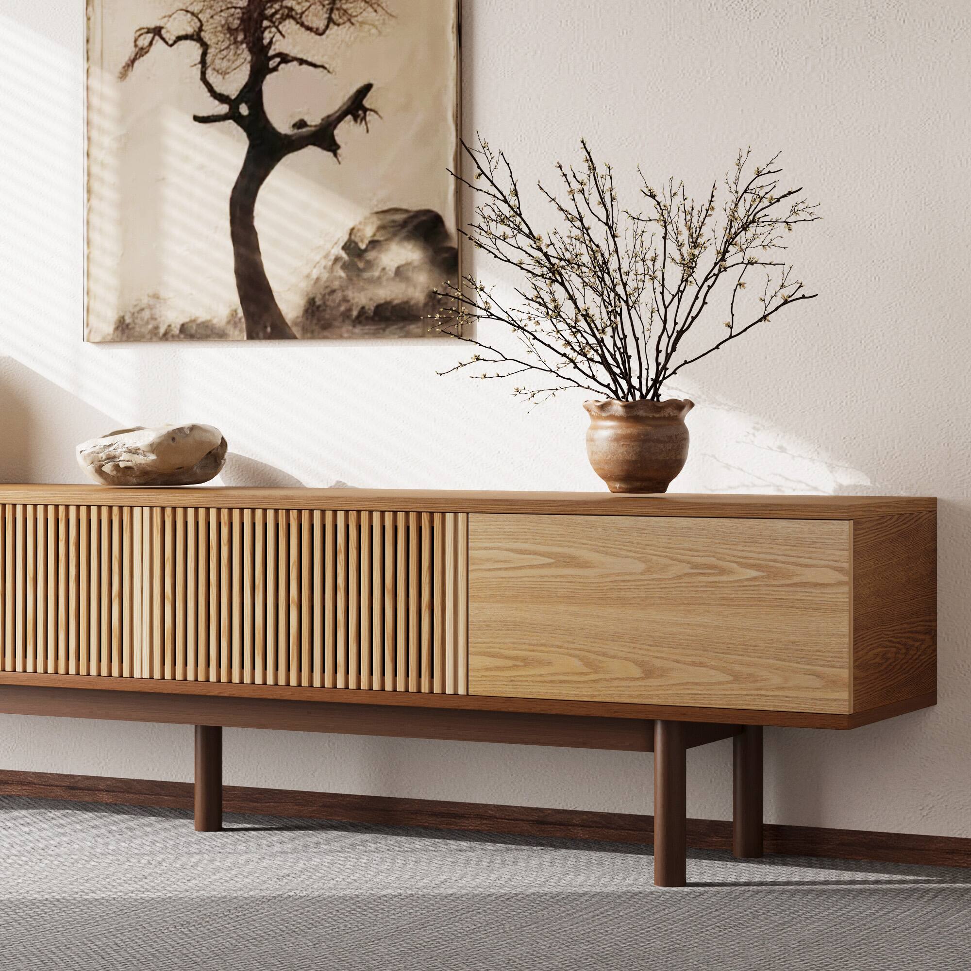 Alt View 1. luck idea - 86.6" Solid Wood TV Stand and Media Console with Ample Storage Space for Living Room - Natural Color.