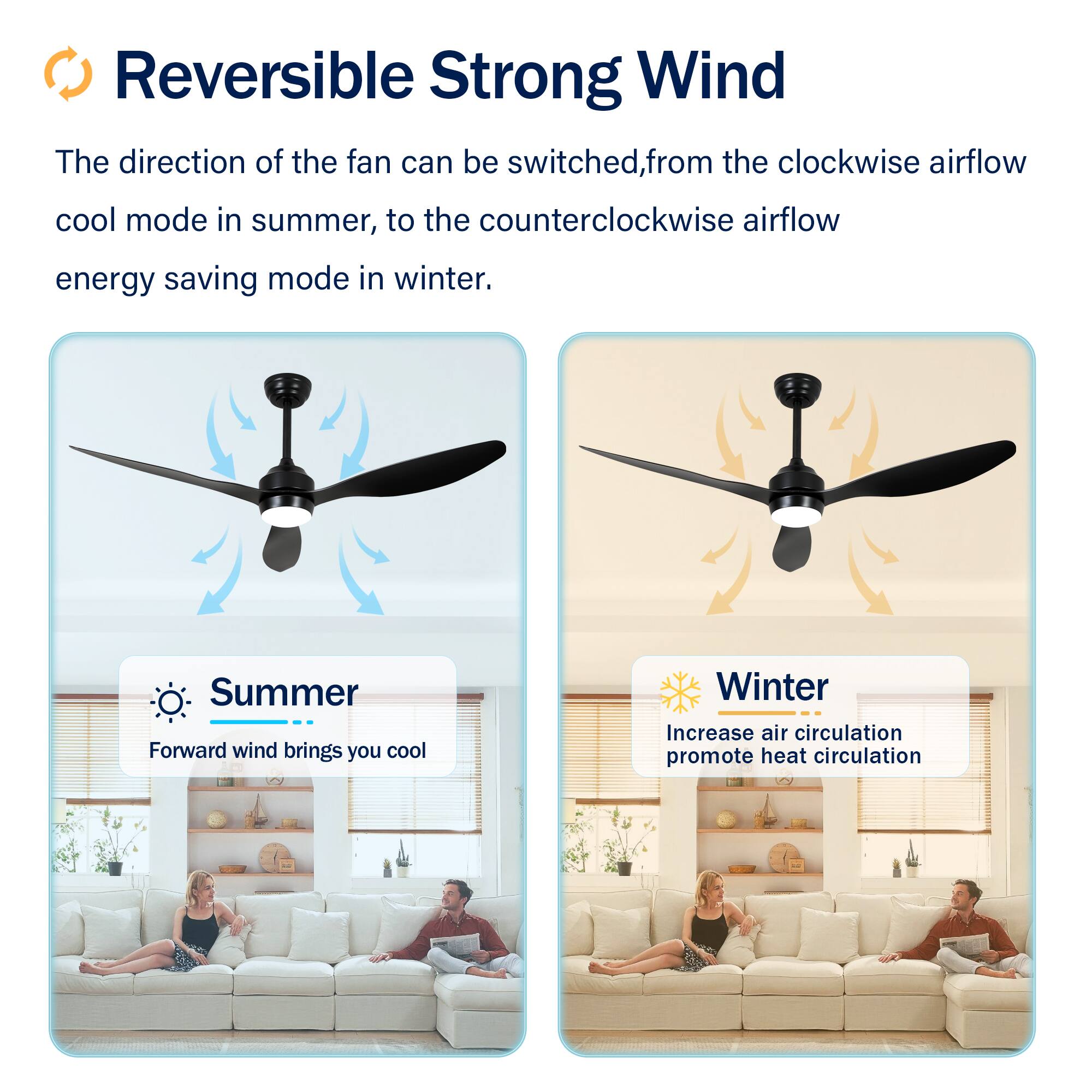 Reversible Strong Wind

The direction of the fan can be switched, from the clockwise airflow cool mode in summer, to the counterclockwise airflow energy saving mode in winter.

Summer  
Forward wind brings you cool

Winter  
Increase air circulation promote heat circulation