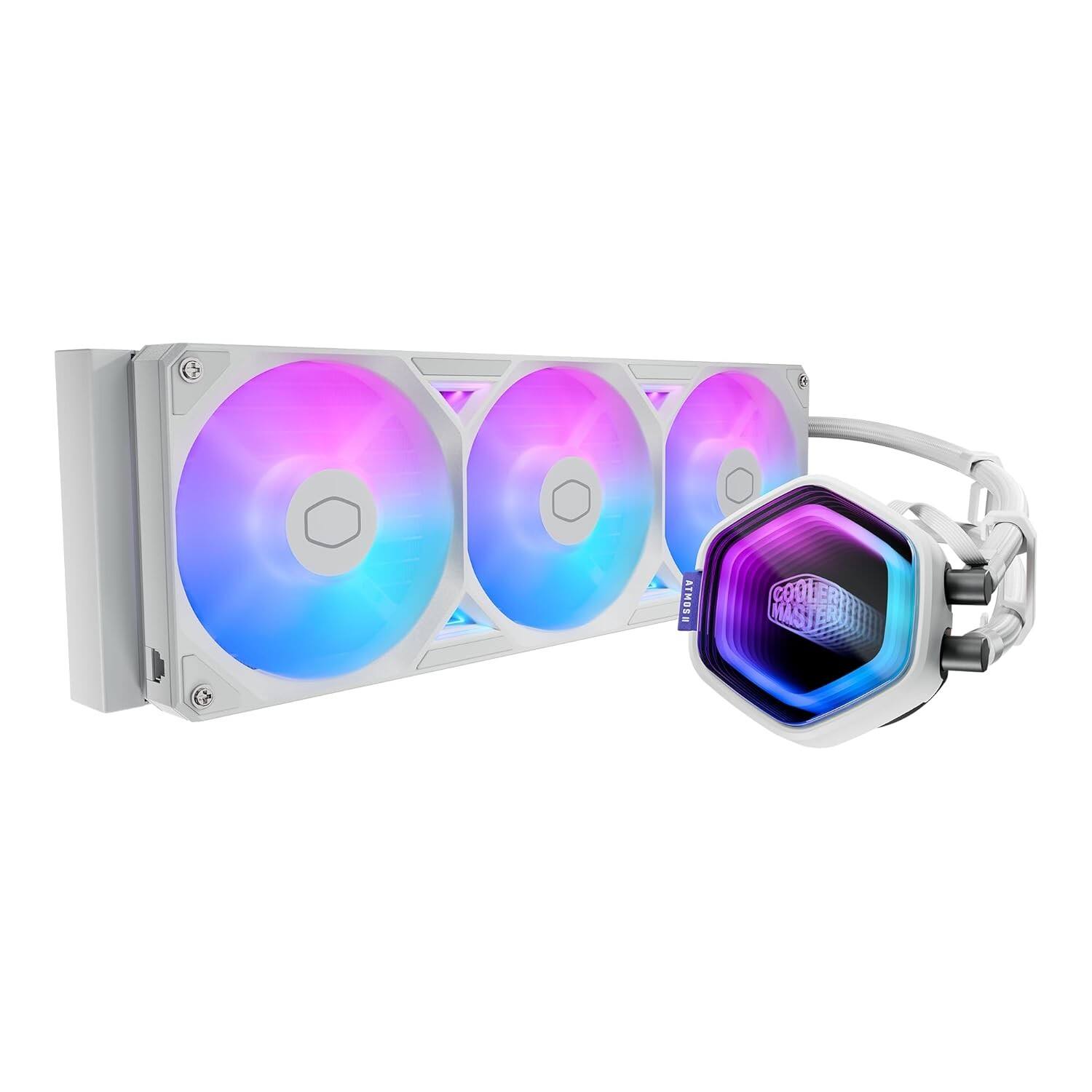 Angle. Cooler Master - Cooler Master Atmos II 360 White LCD AIO, Dual Pump, 400mm Tubing, ARGB PWM, R9/AMD/Intel - White.