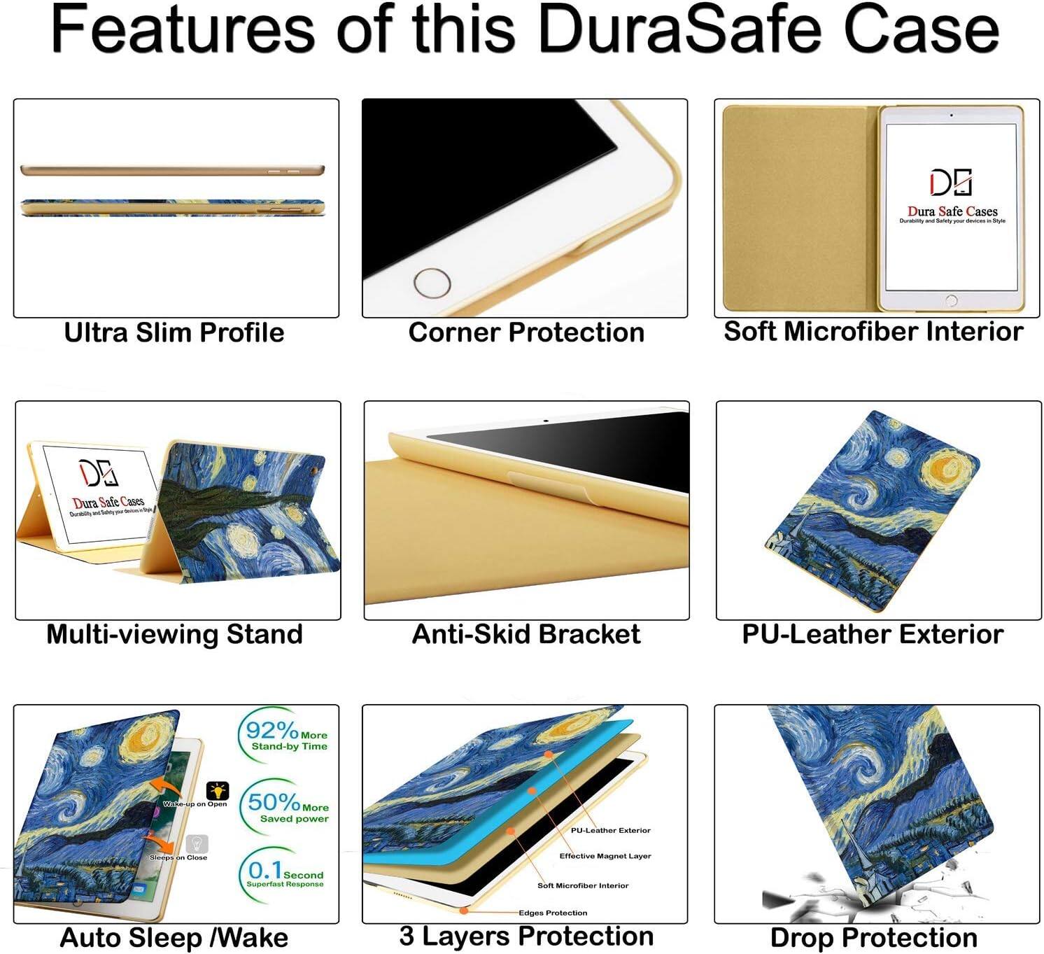 Features of this DuraSafe Case

- Ultra Slim Profile
- Corner Protection
- Soft Microfiber Interior
- Multi-viewing Stand
- Anti-Skid Bracket
- PU-Leather Exterior
- 92% More Stand-by Time
- 50% More Saved Power
- 0.1 Second Superfast Response
- Effective Magnet Layer
- Auto Sleep / Wake
- 3 Layers Protection
- Drop Protection