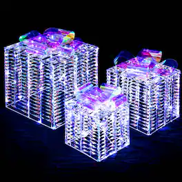 Costway - Set of 3 Christmas Gift Box LED Lighted Present Box Decoration Yard - Iridescent