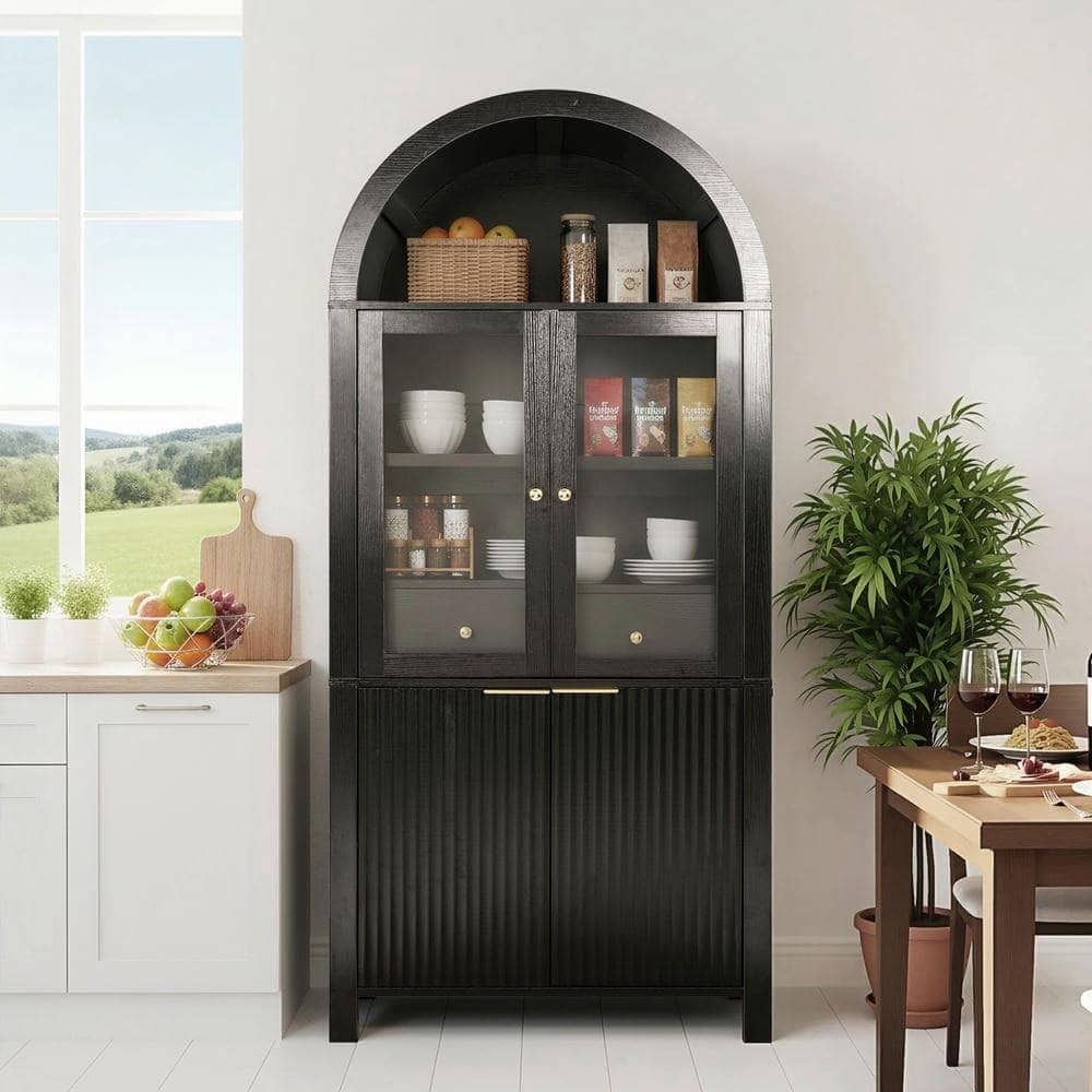 Kadyn - 71" Fluted Arched Display Cabinet with Hidden Drawer and Glass Door - Black