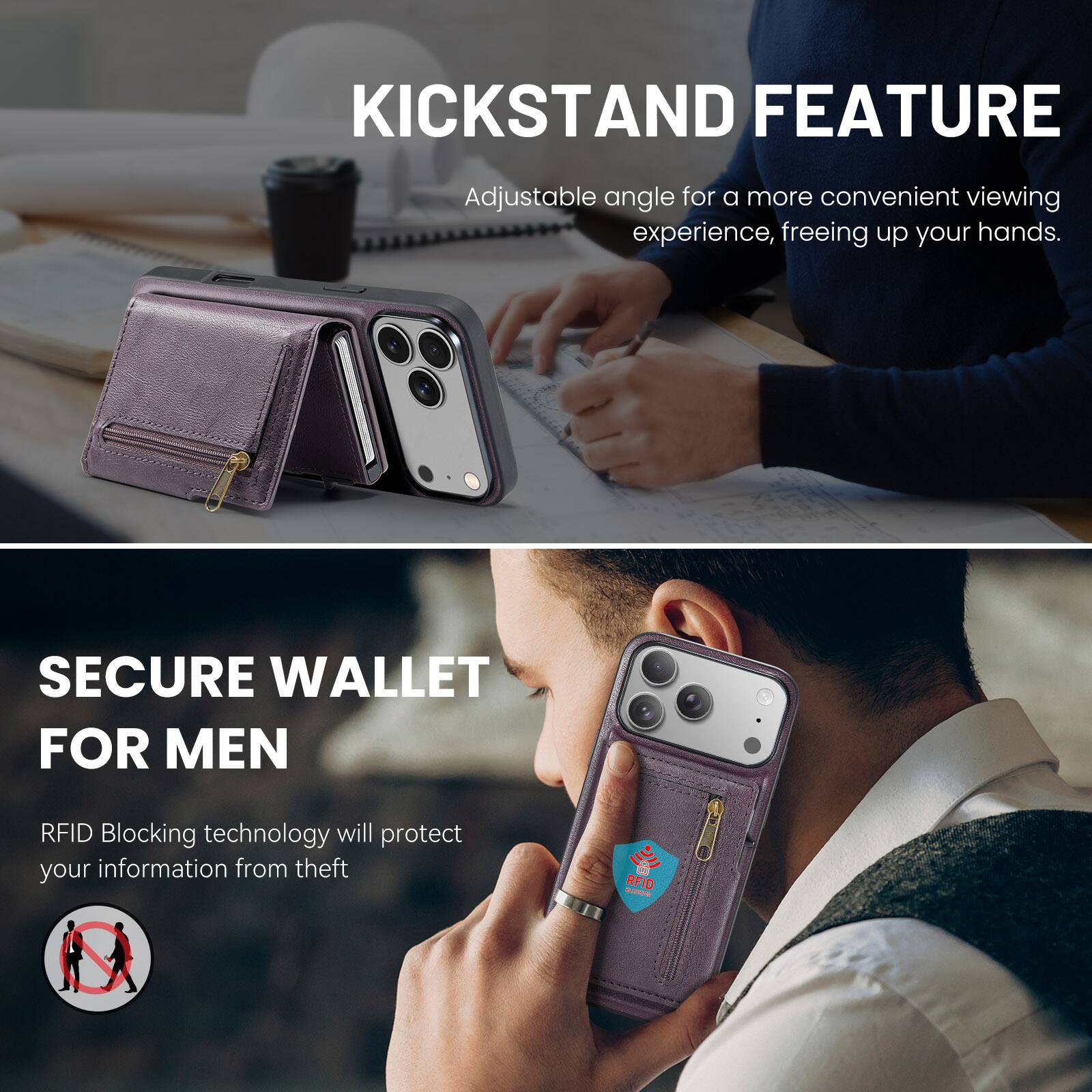 KICKSTAND FEATURE  
Adjustable angle for a more convenient viewing experience, freeing up your hands.  

SECURE WALLET FOR MEN  
RFID Blocking technology will protect your information from theft