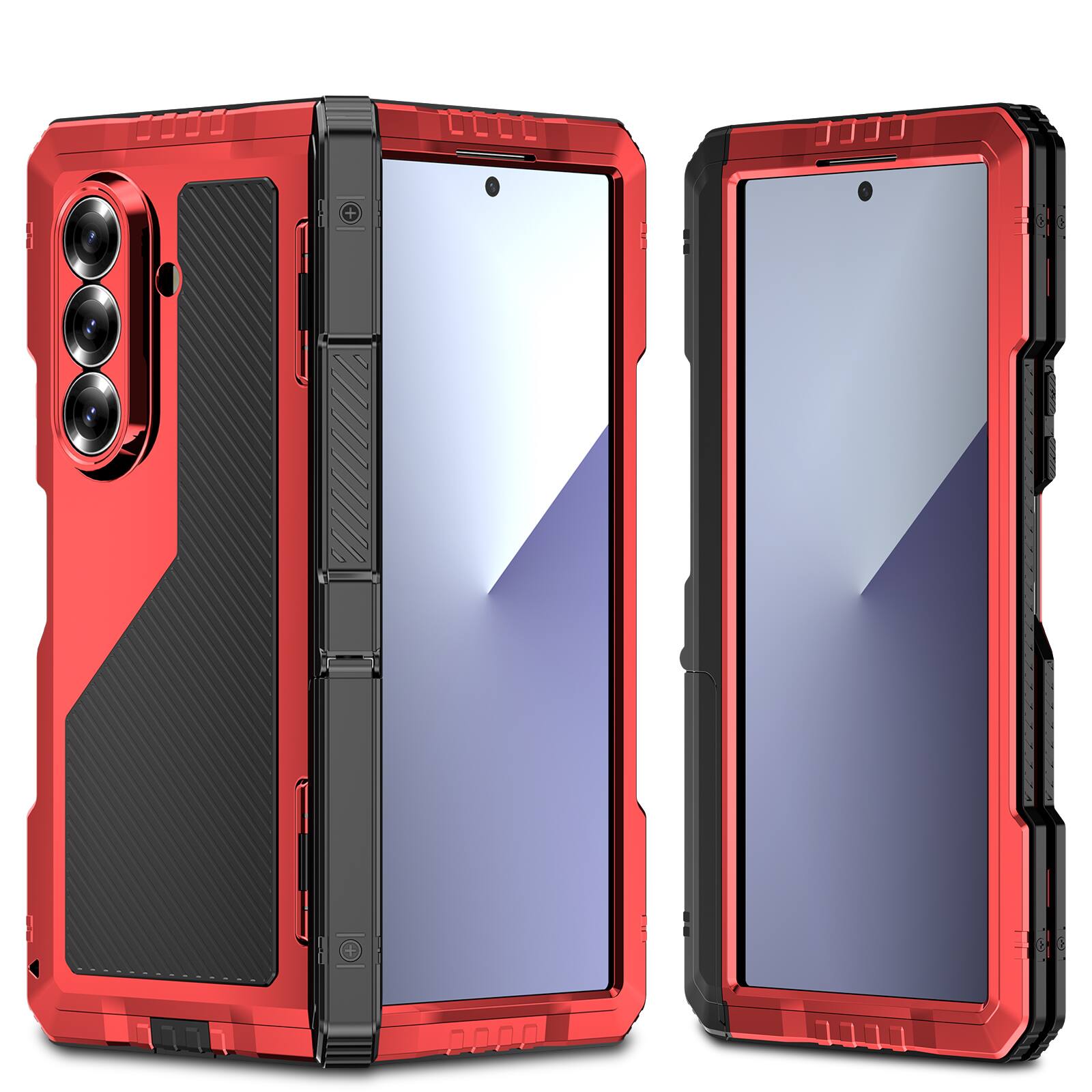Left. Dteck - Built-in Screen Protector For Samsung Galaxy Z Fold 6 Heavy Duty Case with Hinge Protection Cover Fold Kickstand - Red.