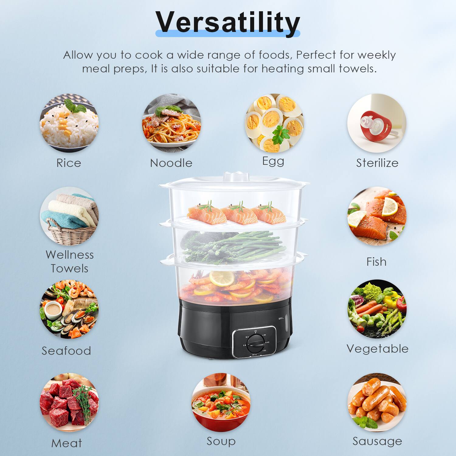 Versatility

Allow you to cook a wide range of foods, Perfect for weekly meal preps, It is also suitable for heating small towels.

- Rice
- Noodle
- Egg
- Sterilize
- Wellness Towels
- Fish
- Seafood
- Vegetable
- Meat
- Soup
- Sausage