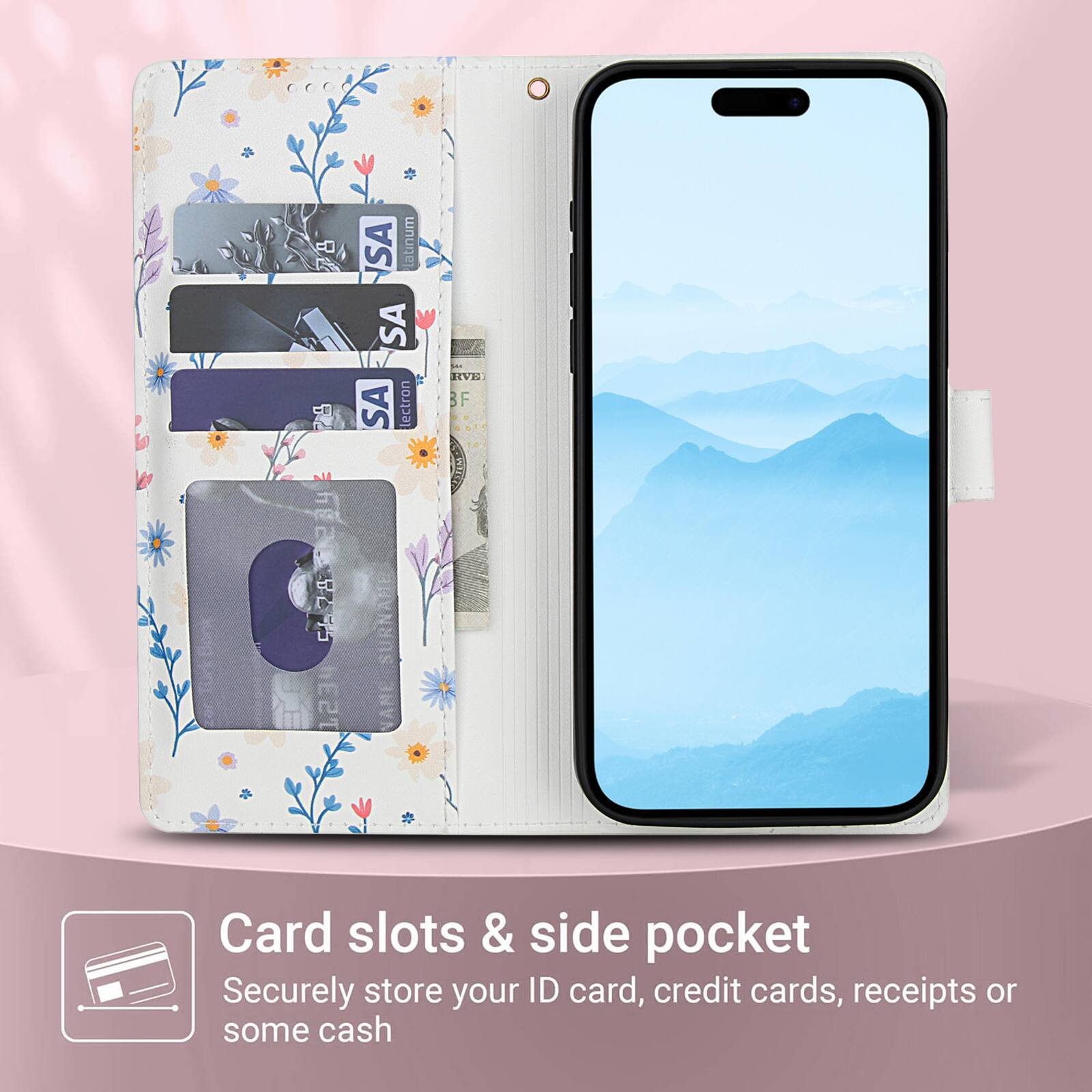 ISA latinum SA IIVE SA lectron BF  
h92 G hELDET R SURNAHE A 1234  
Card slots & side pocket  
Securely store your ID card, credit cards, receipts or some cash