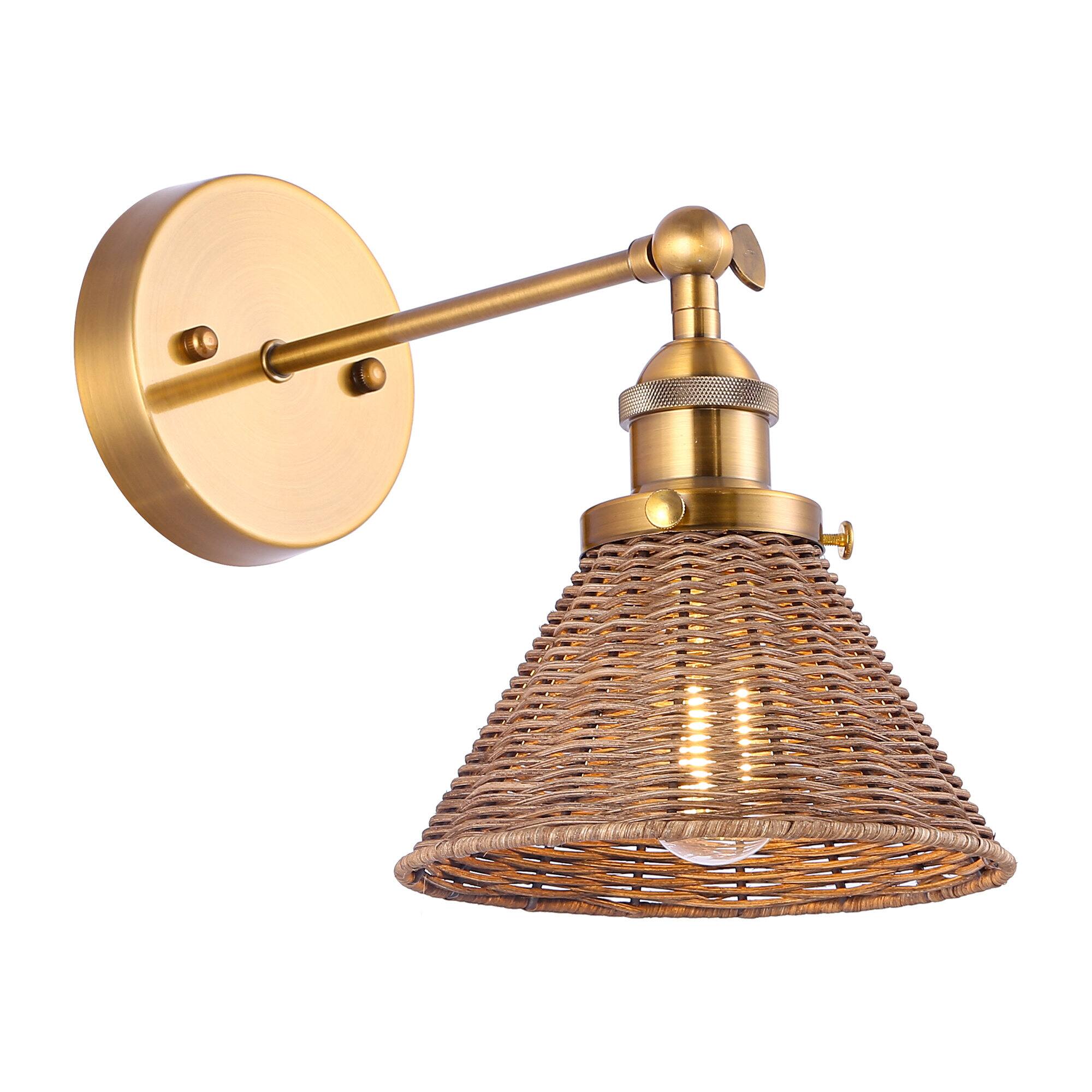 Alt View 1. Parrot Uncle - 7" W Rustic Gold Wall Light with Rattan Shade - Gold.