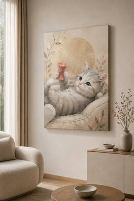 FC Design - Large Playful Tea Cup Kitten Canvas Print 24x36"-Ready-to-Hang Whimsical Pet Accent Art Painting Home Wall Décor - MultiColor