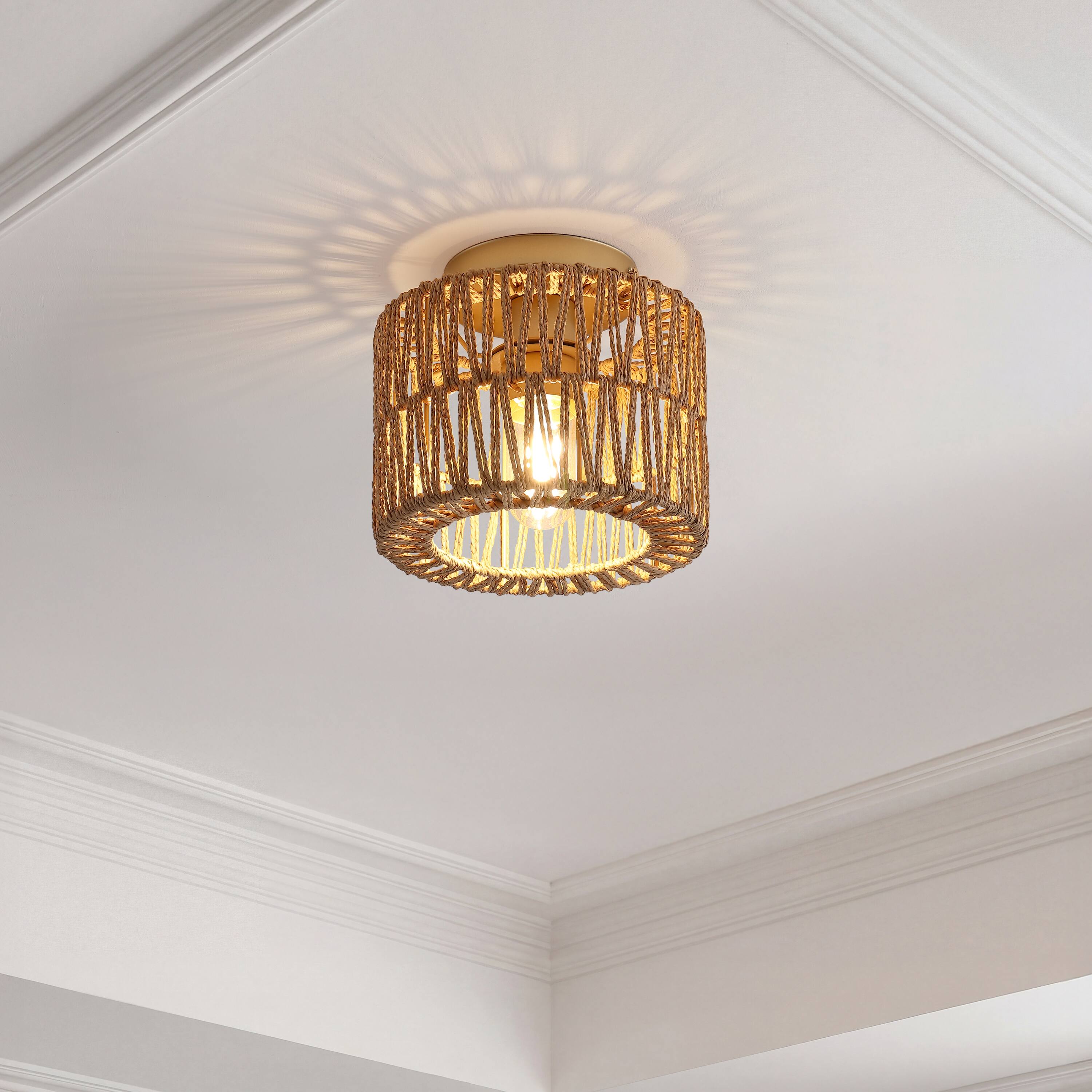 Alt View 7. Jonathan Y - Omar Set of 2 Modern 8" Gold Painting Metal Flush Mount with Brown Paper Cylinder Crossed Weave Shade, for Bedroom - Brown.