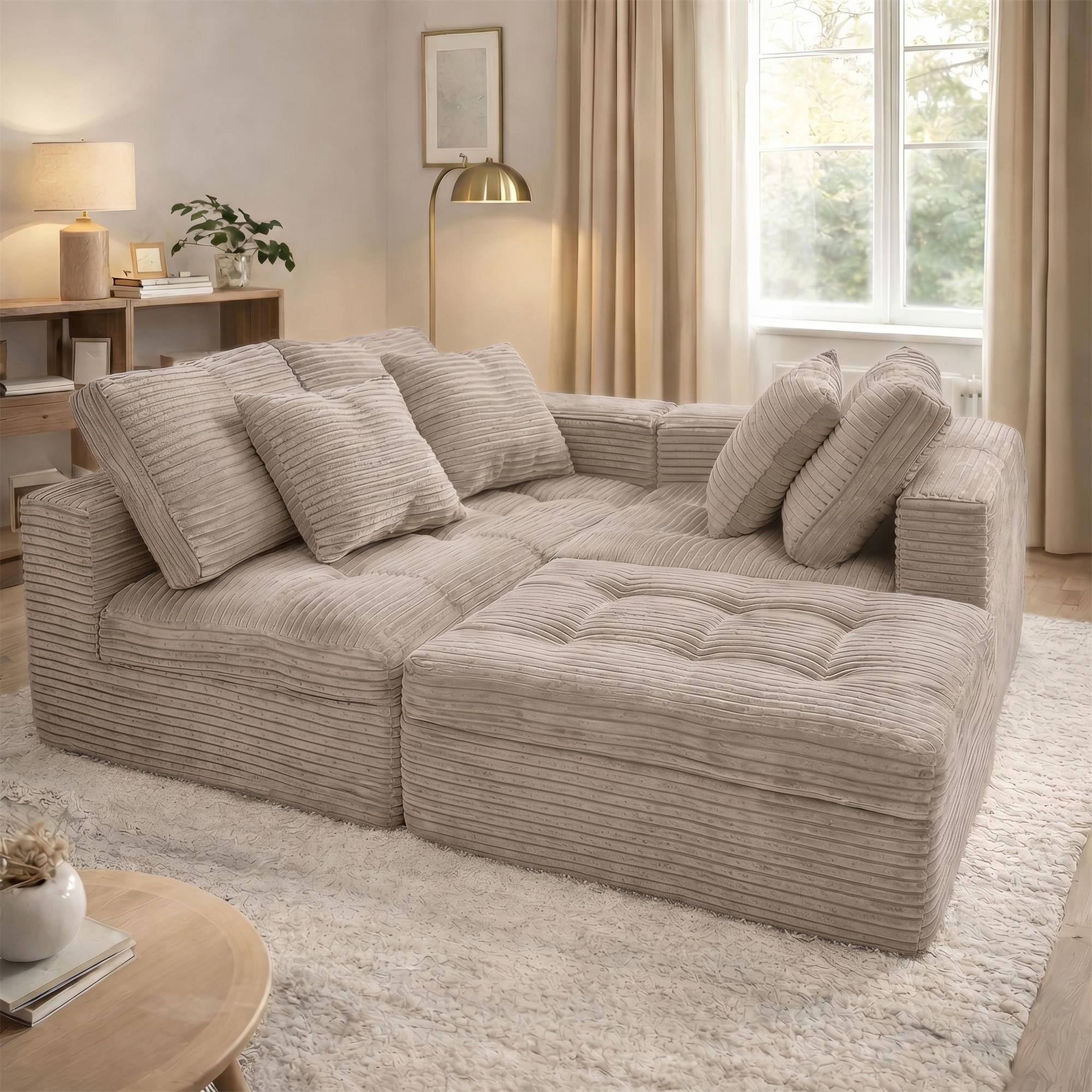 Alt View 4. Boyel Living - Khaki Modular Cloud Sofa Set 105" DIY Sectional with Ottoman Pure Foam Faux Rabbit Fur Velvet - Khaki.