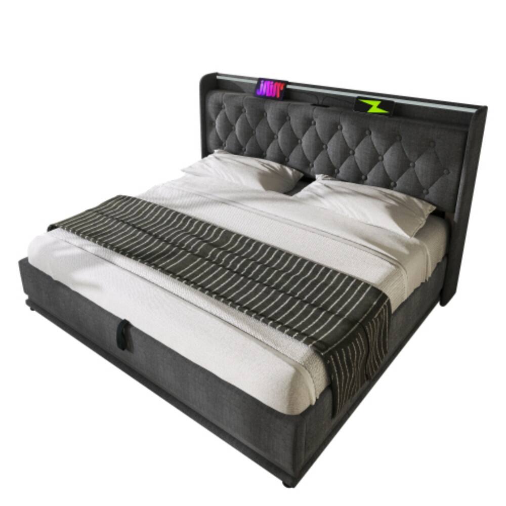 Alt View 4. LUCKY ONE - Queen Size Upholstered Hydraulic Storage Bed with 360 Surround LED Lights, USB Type-C Charging, No Box Spring Needed - Gray.