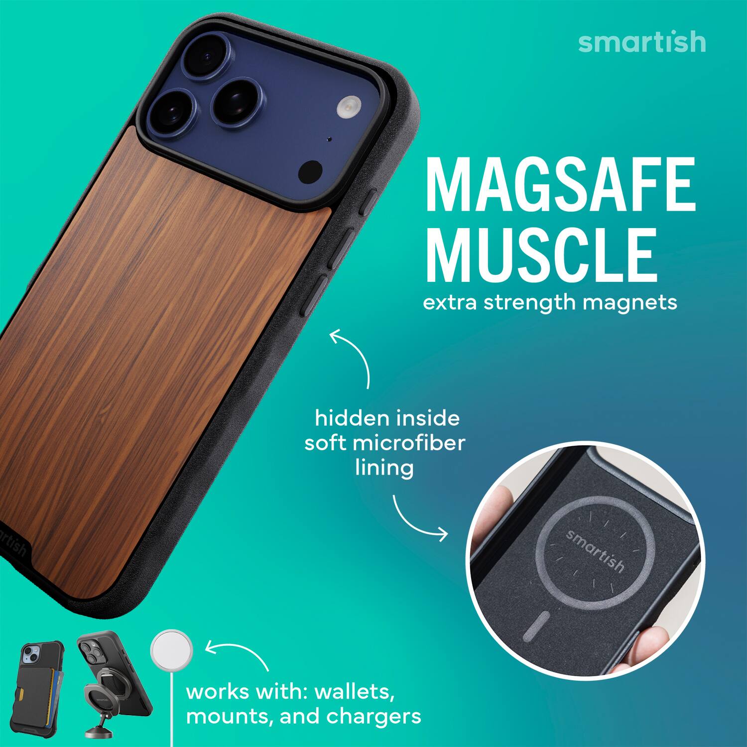 smartish MAGSAFE MUSCLE extra strength magnets hidden inside soft microfiber lining smartish works with: wallets, mounts, and chargers