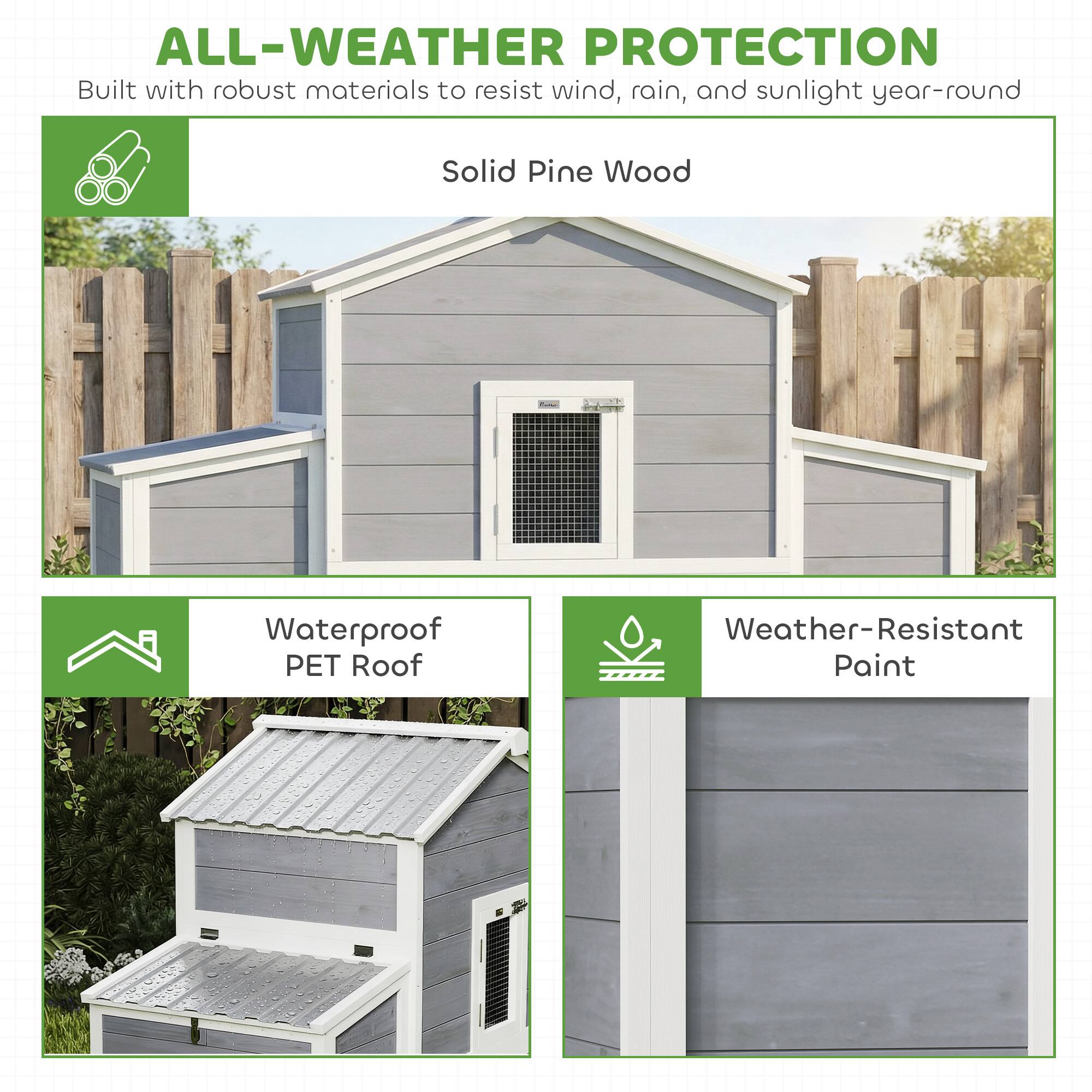 ALL-WEATHER PROTECTION  
Built with robust materials to resist wind, rain, and sunlight year-round  

Solid Pine Wood  

Waterproof PET Roof  

Weather-Resistant Paint