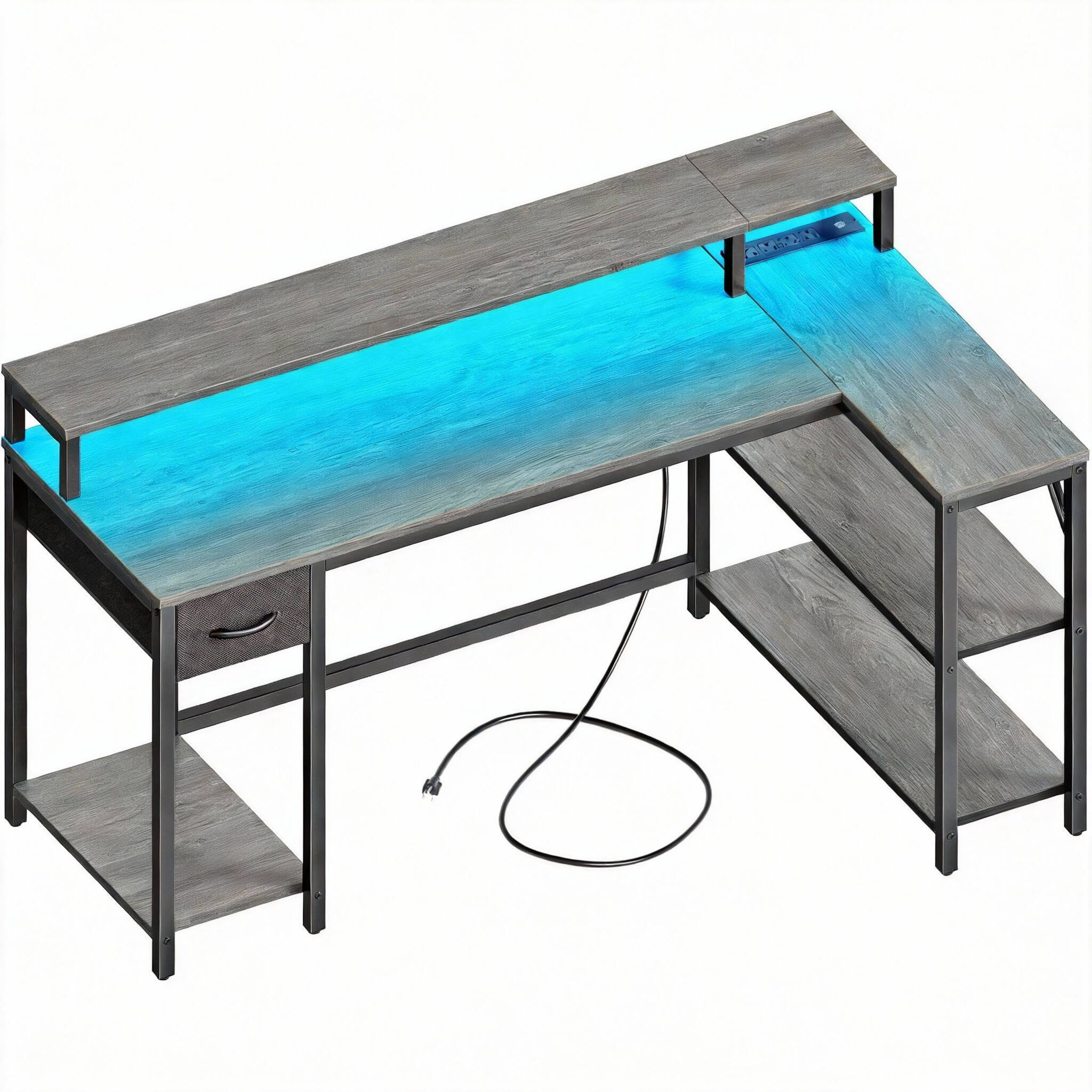 Front. Frangdom - 53" L Shaped Gaming Desk LED Power Outlets Reversible Shelves Monitor Stand Drawer - Grey 53in L desk reversible.